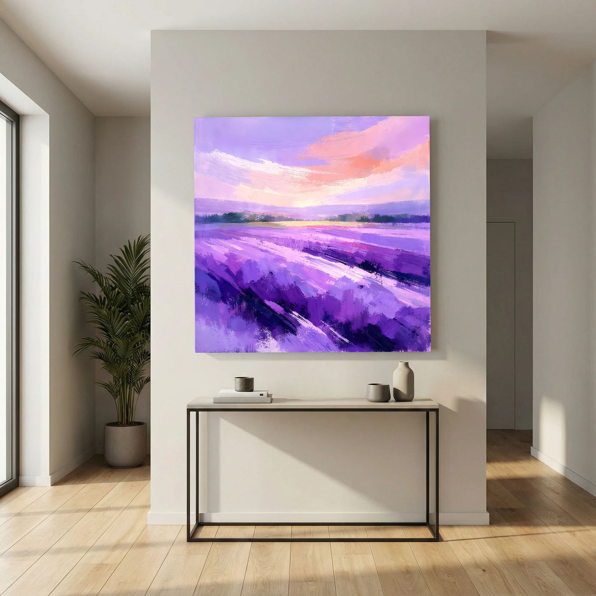 Leinwand-Wandbild: abstraktes Lavendelfeld in Violetttönen und hell rosafarbenem Himmel