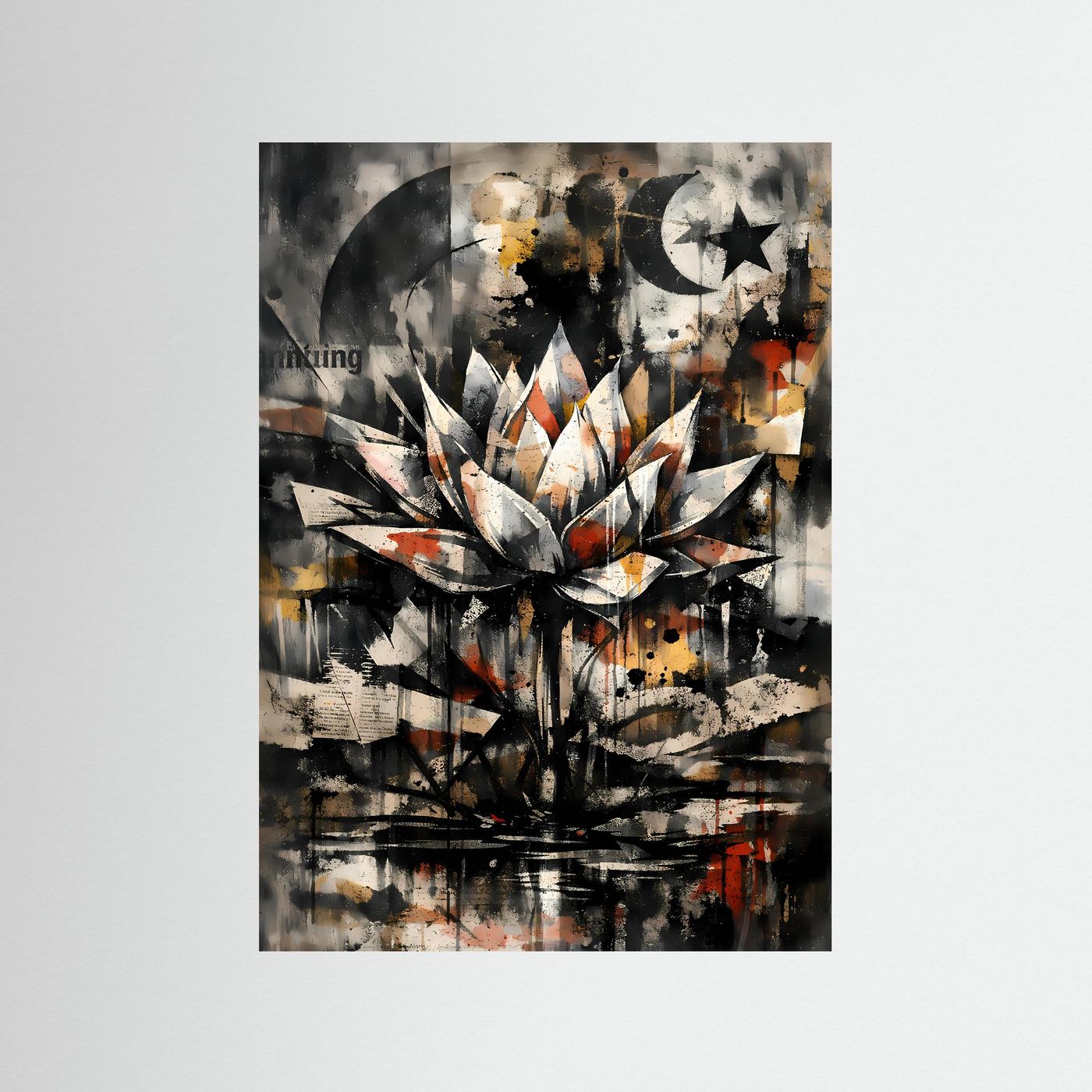 Abstraktes Esoterik-Poster mit Lotusblüte, Mondmotiv und dunklem Graphit-Aquarell