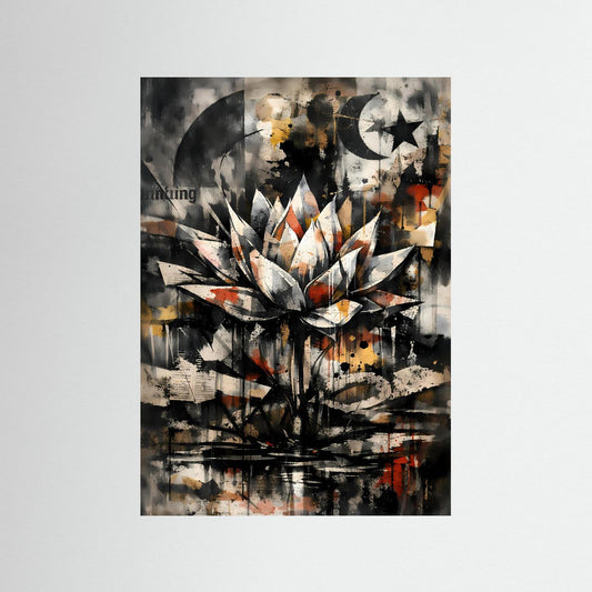 Abstraktes Esoterik-Poster mit Lotusblüte, Mondmotiv und dunklem Graphit-Aquarell