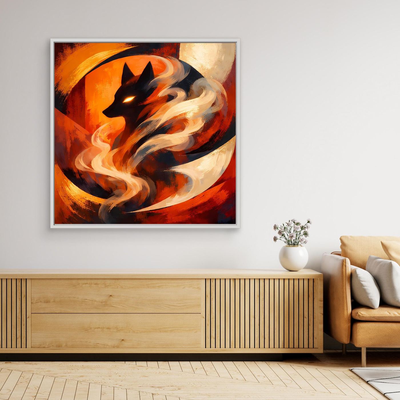 Abstraktes Wandbild mit schwarzer Wolfssilhouette in Feuer- und Rauchwirbeln, weiß gerahmt