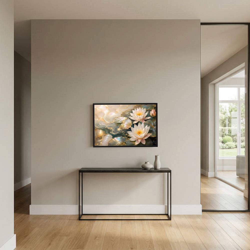 Wandposter mit Seerosen in Creme und Gold, schwarzer Rahmen