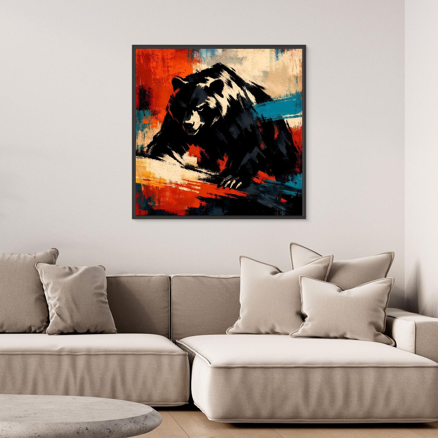 Abstraktes Leinwand-Wandbild mit Grizzlybär, kräftige Kontrastfarben, schwarz-rote Blautöne, gerahmt