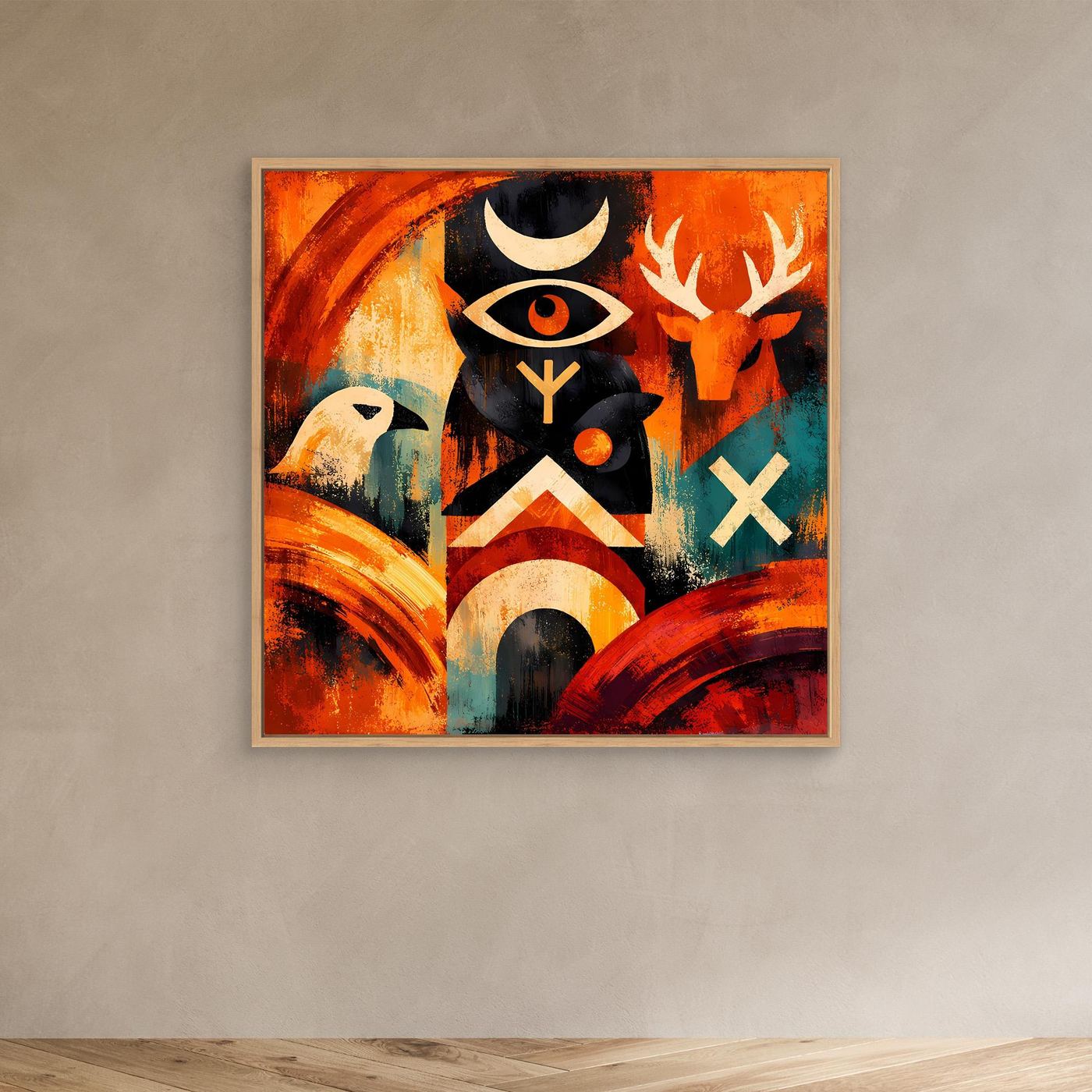 Abstraktes Leinwandbild mit Totem und Runen, Auge und Vogel; im hellem Rahmen