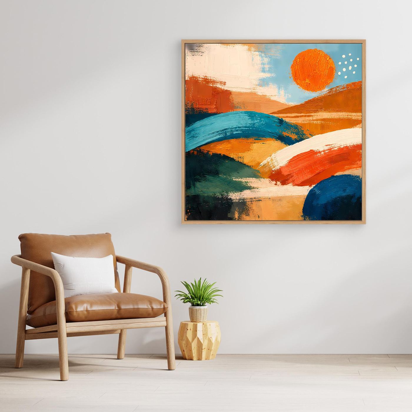 Framed square abstract landscape wall art with orange sun, teal banded hills, and white highlights.
