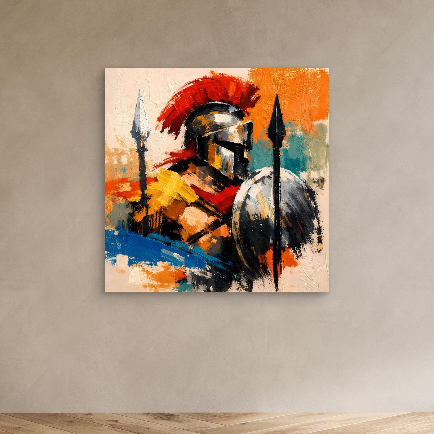 Abstract gladiator canvas wall art with helmet, shield, and spears in red, blue, orange
