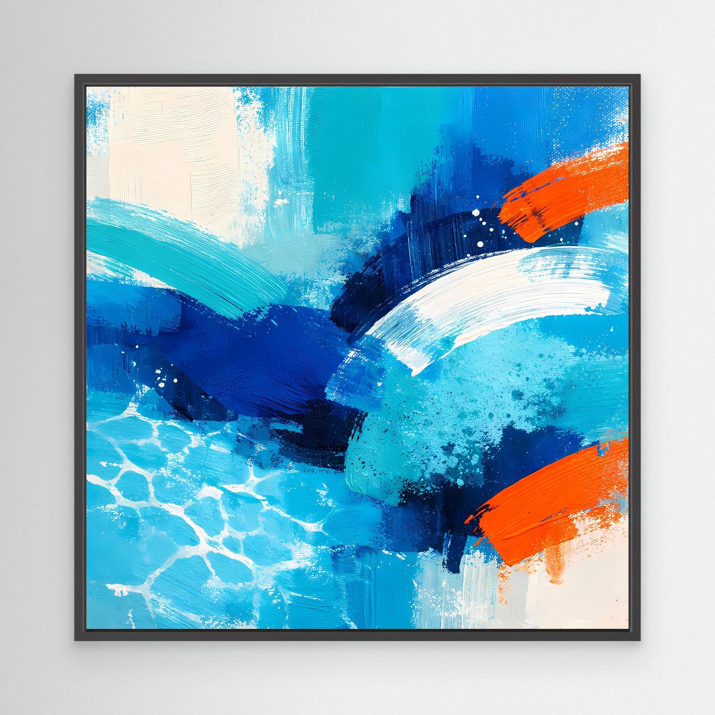 Abstract sea wave canvas wall art in blue with orange accents, black frame