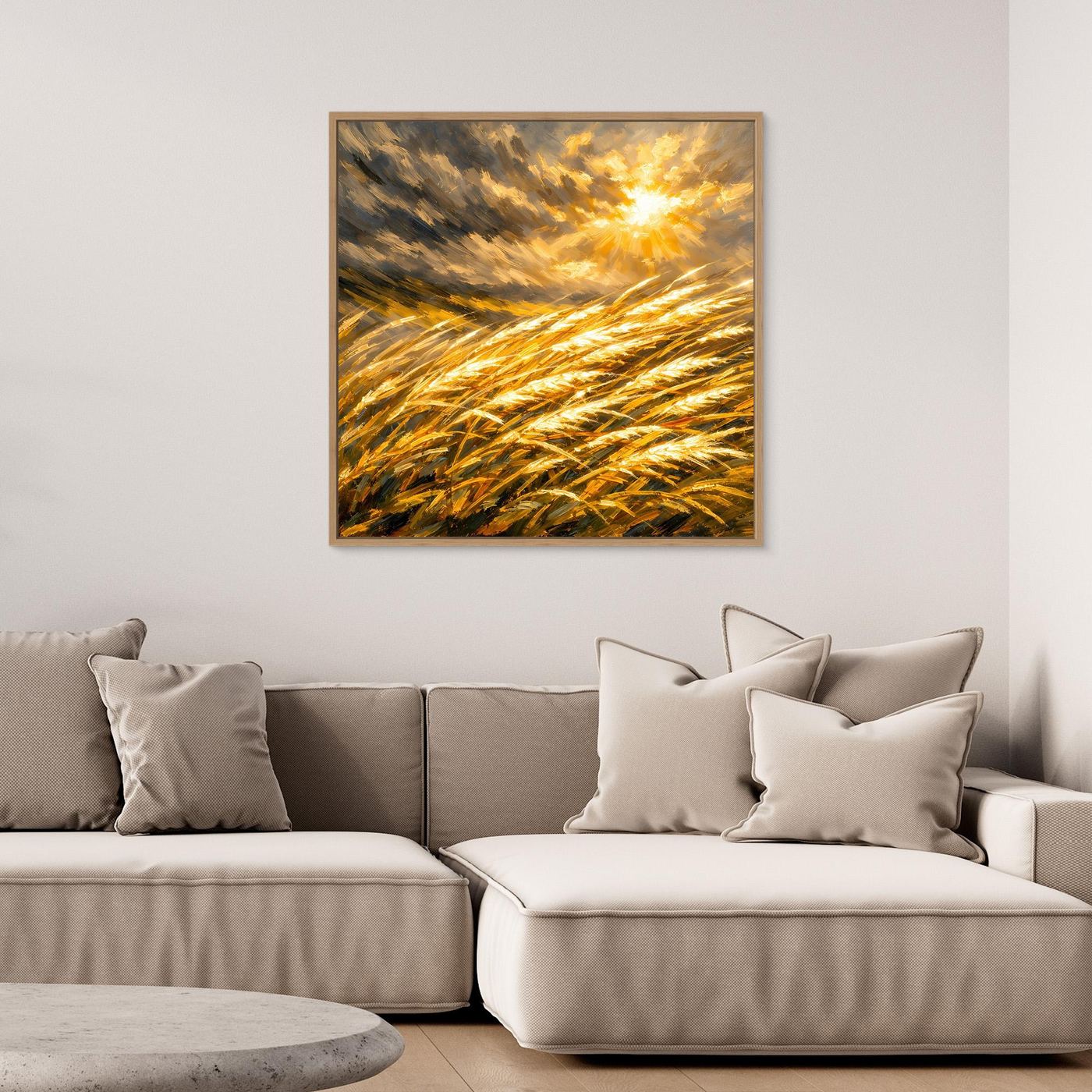 Leinwandbild mit goldenem Weizenfeld und abstraktem Sonnenuntergang im braunen Rahmen