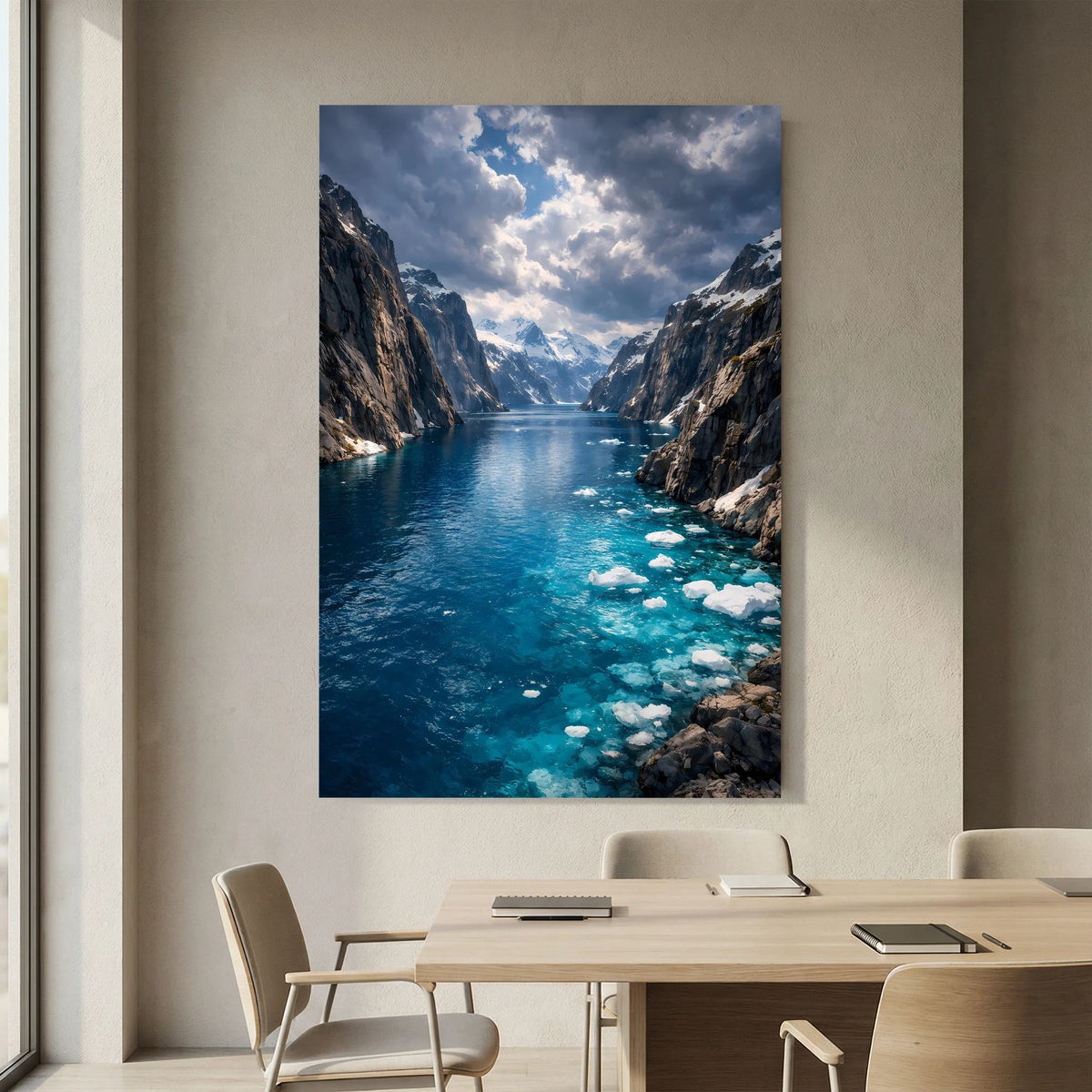 Fjord-Wandposter im Hochformat mit Blick ins Tal, blaues Wasser und Treibeis