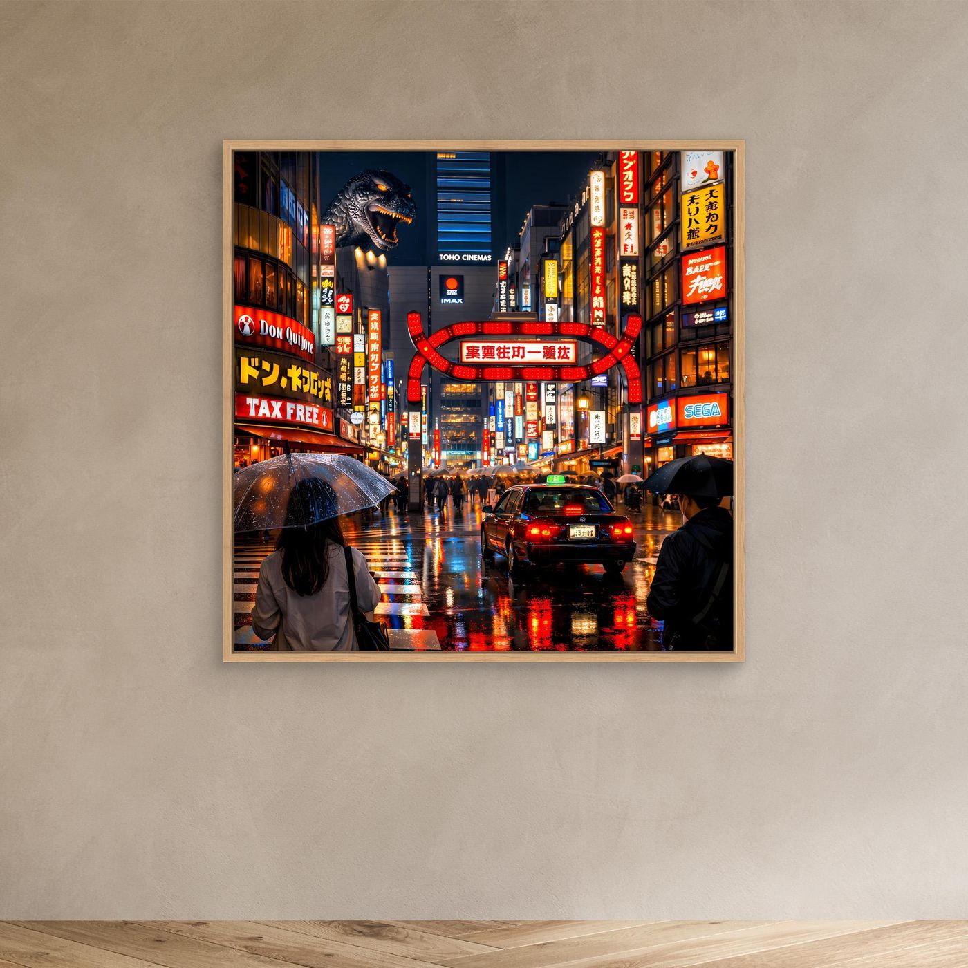 Leinwand Pulsierendes Tokio bei Nacht | Urbanes Kabukicho Kaiju Wandbild