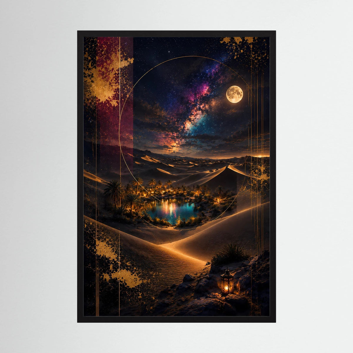 Hochformat-Poster mit schwarzem Rahmen: Vollmond über Wüstenoase im Sternenhimmel