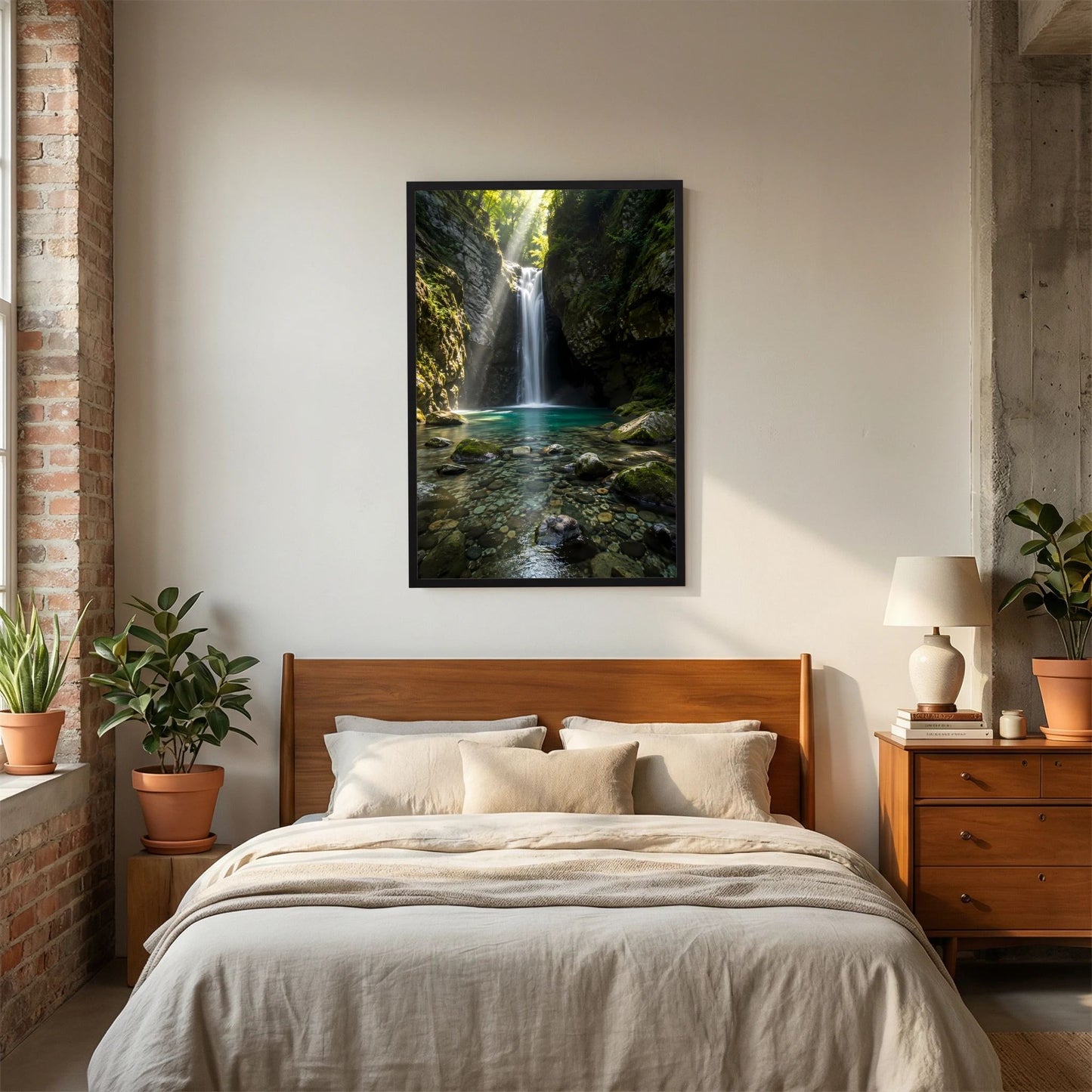 Poster im schwarzen Rahmen über dem Bett: Wasserfall im Canyon mit türkisfarbenem Pool