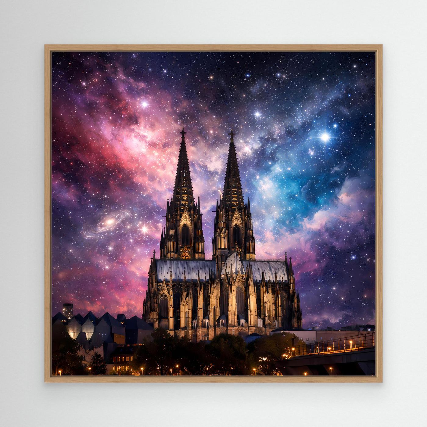Leinwand Kosmischer Kölner Dom bei Nacht | Abstraktes Galaxie Wandbild