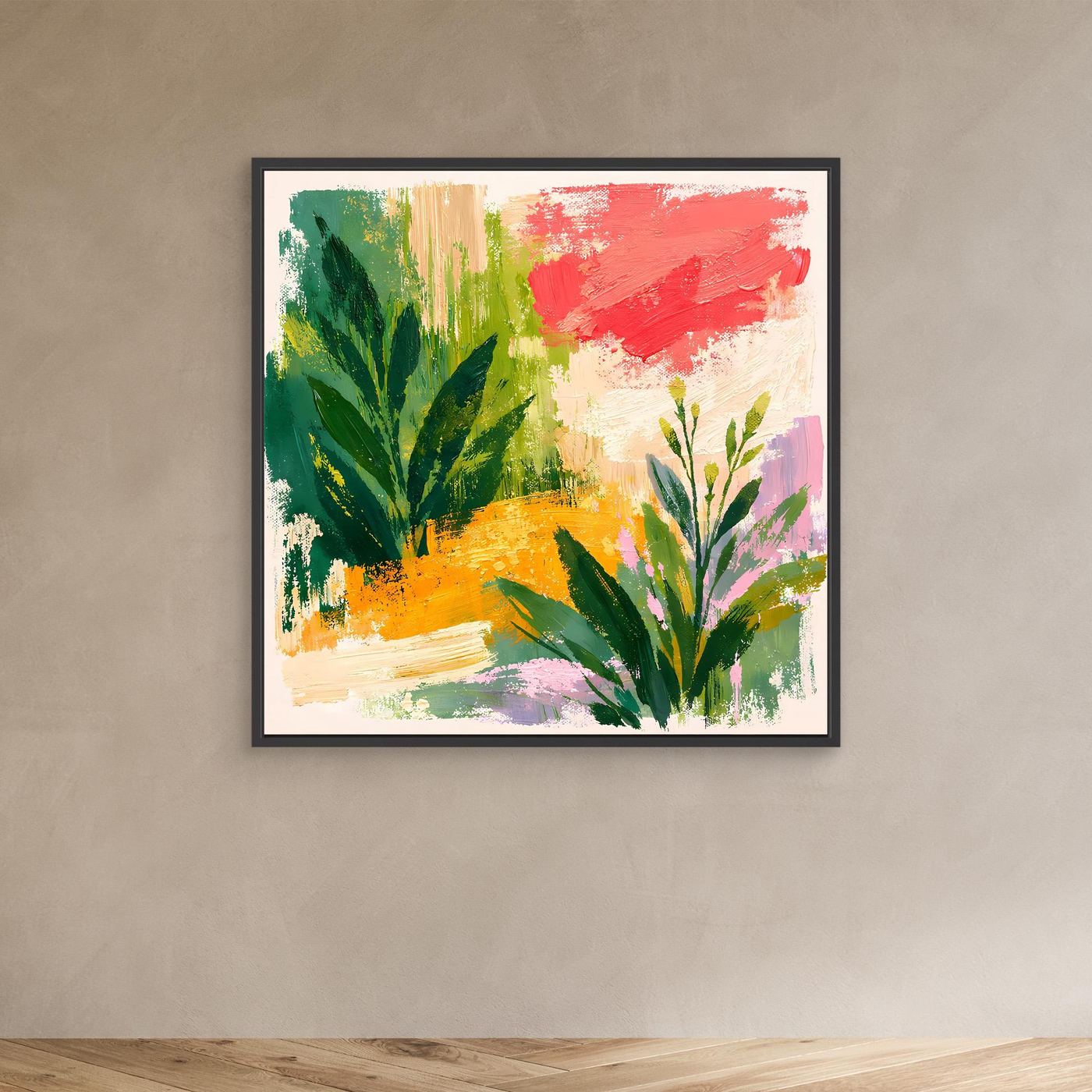 Abstract botanical landscape canvas print in a black frame with green leaves and red brush marks