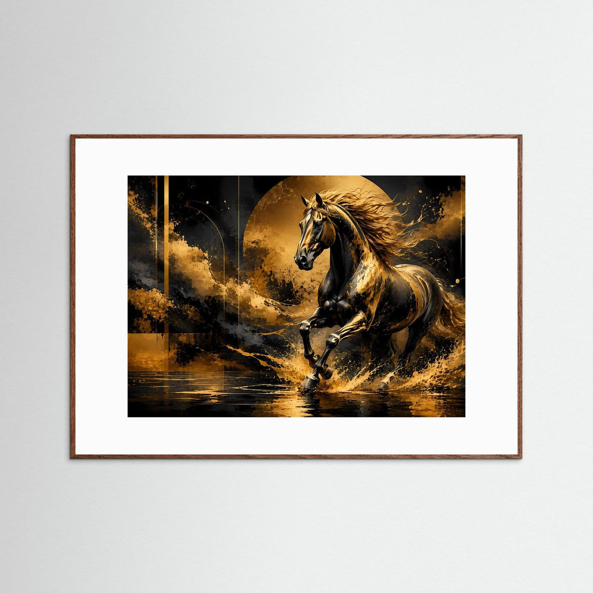 Poster im Querformat mit Pferdemotiv, brauner Rahmen und gold-schwarzer Grafik