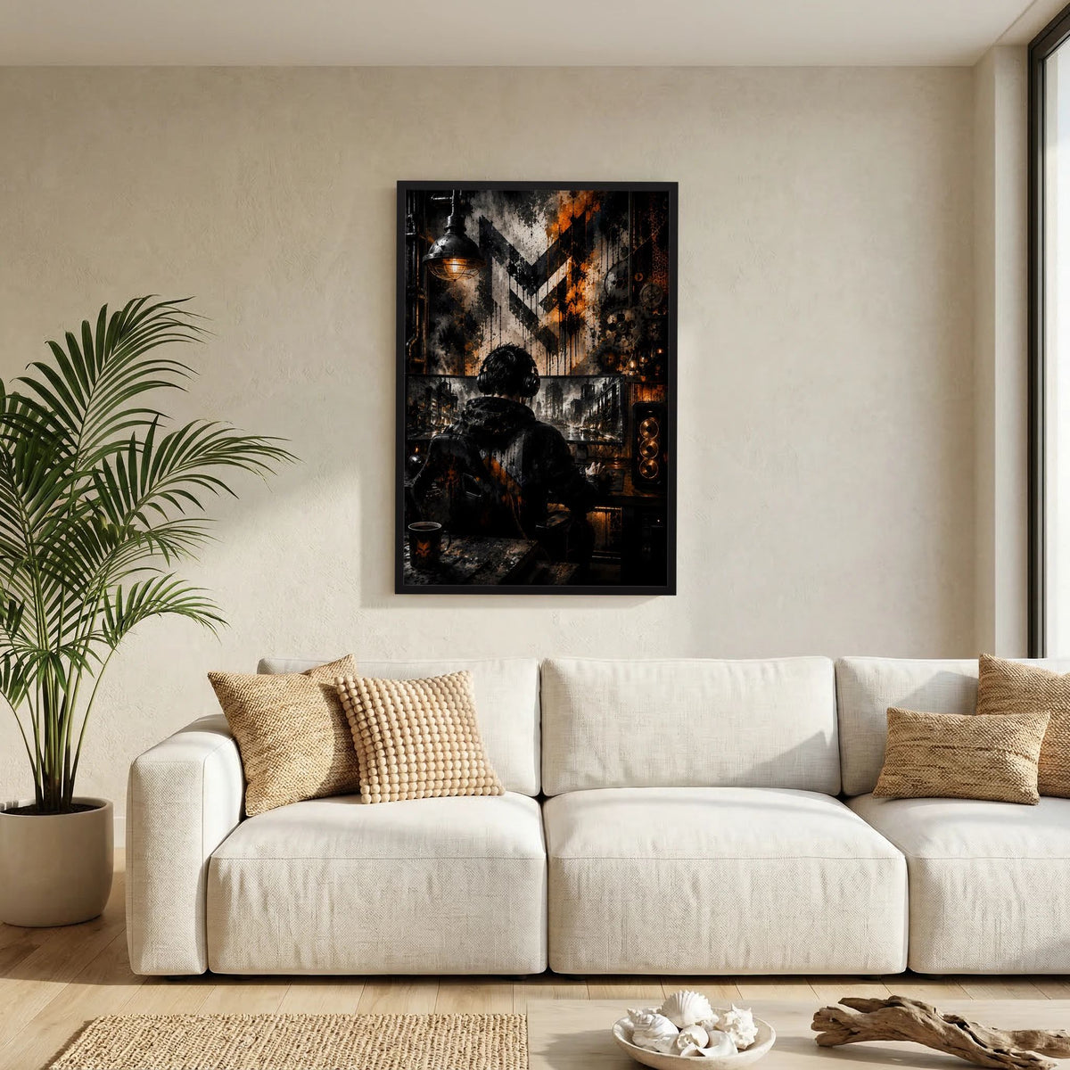 Gamer am PC in Schwarz & Orange | Industrial Gaming Art | Poster Hochformat