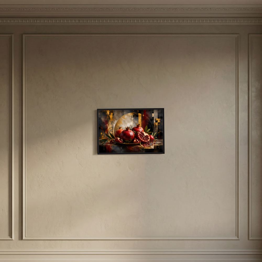 Wandposter mit Granatäpfeln in Rot und Gold, abstrakte Fruchtkunst, schwarz gerahmt