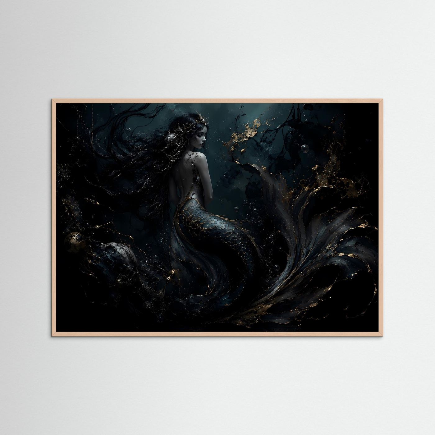 Meerjungfrau Poster | Mystische Unterwasser Kunst | Dunkle Fantasy Wanddeko | Gold Schwarz Leinwandbild | Elegante Meereskunst