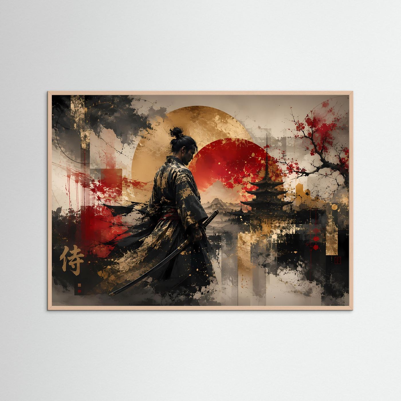 Gerahmtes Poster mit Samurai-Krieger in Schwarz, Katana, roter Sonne und goldenem Kreis