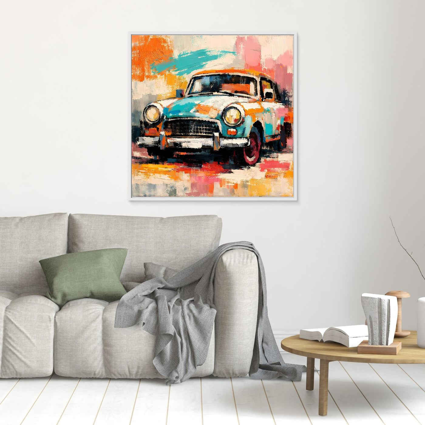 Framed abstract vintage car wall art with turquoise, orange, and pink brushstrokes