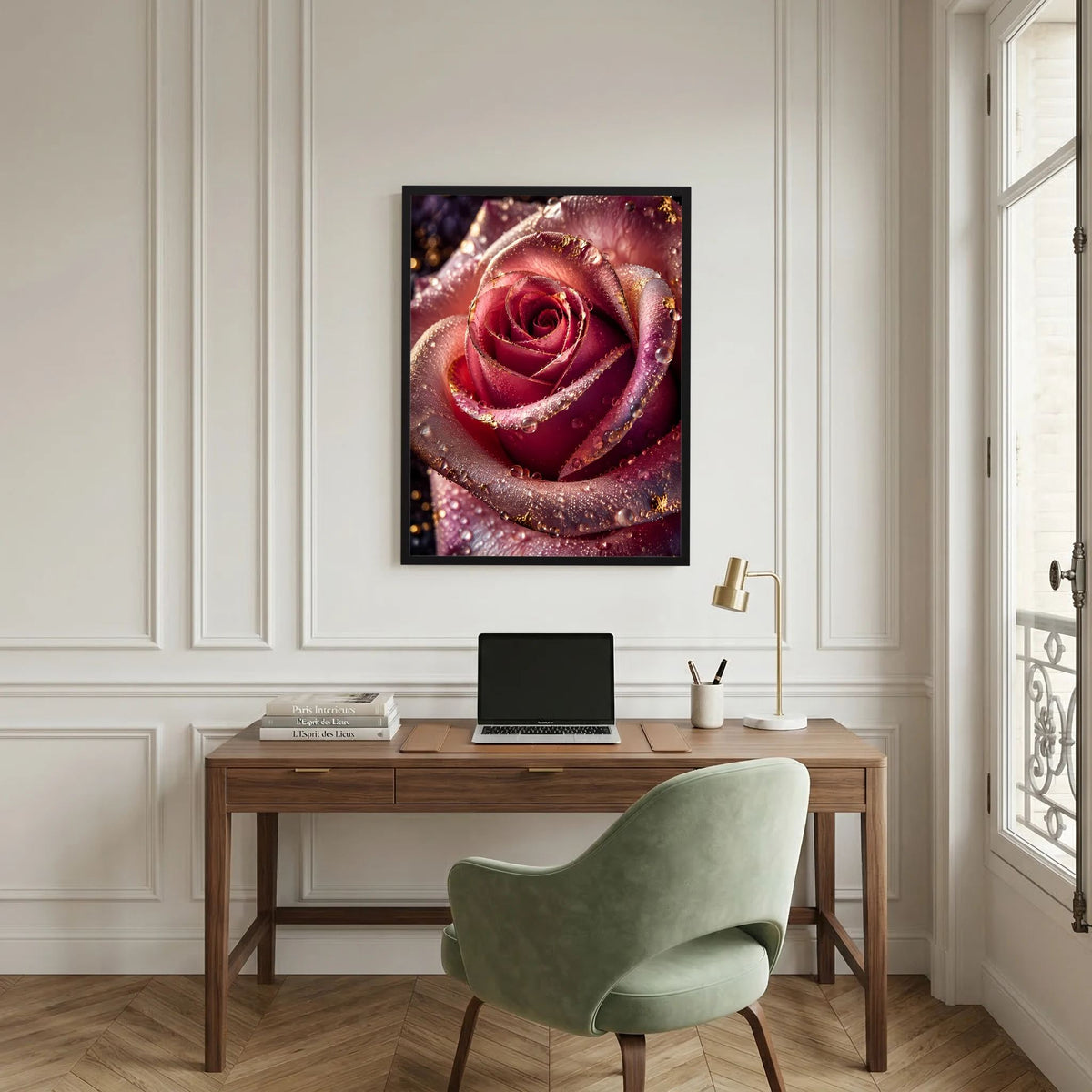 Gerahmtes Poster im Hochformat mit naher Ansicht einer rosafarbenen Rose und goldenen Tropfen.