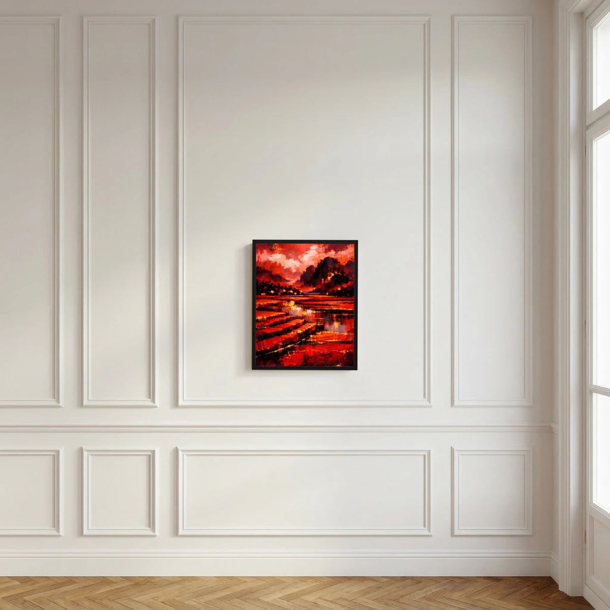 Gerahmtes Kunstposter mit Rot-Schwarz-Abstraktlandschaft, Wasser und Wolken über dem Berg