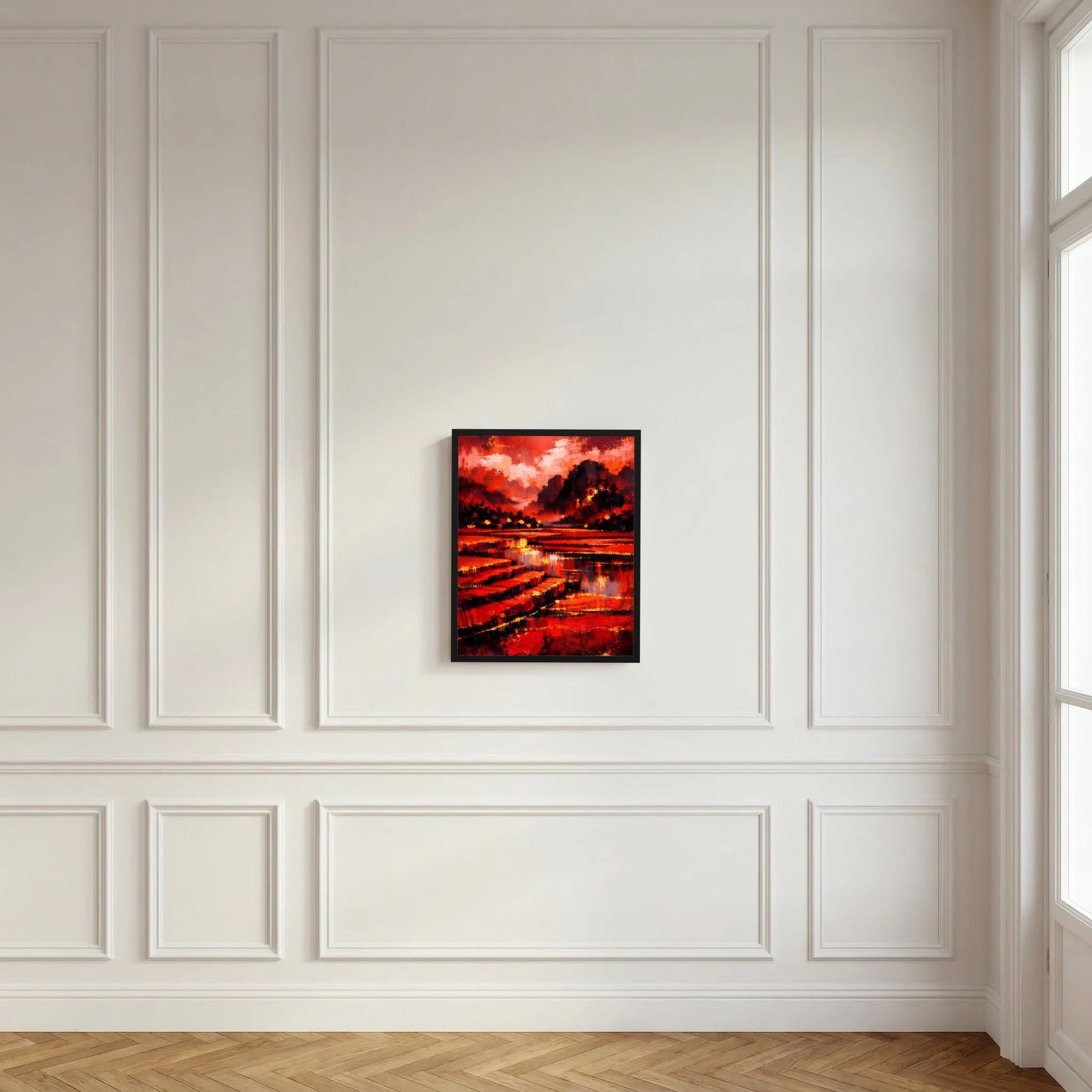 Gerahmtes Kunstposter mit Rot-Schwarz-Abstraktlandschaft, Wasser und Wolken über dem Berg