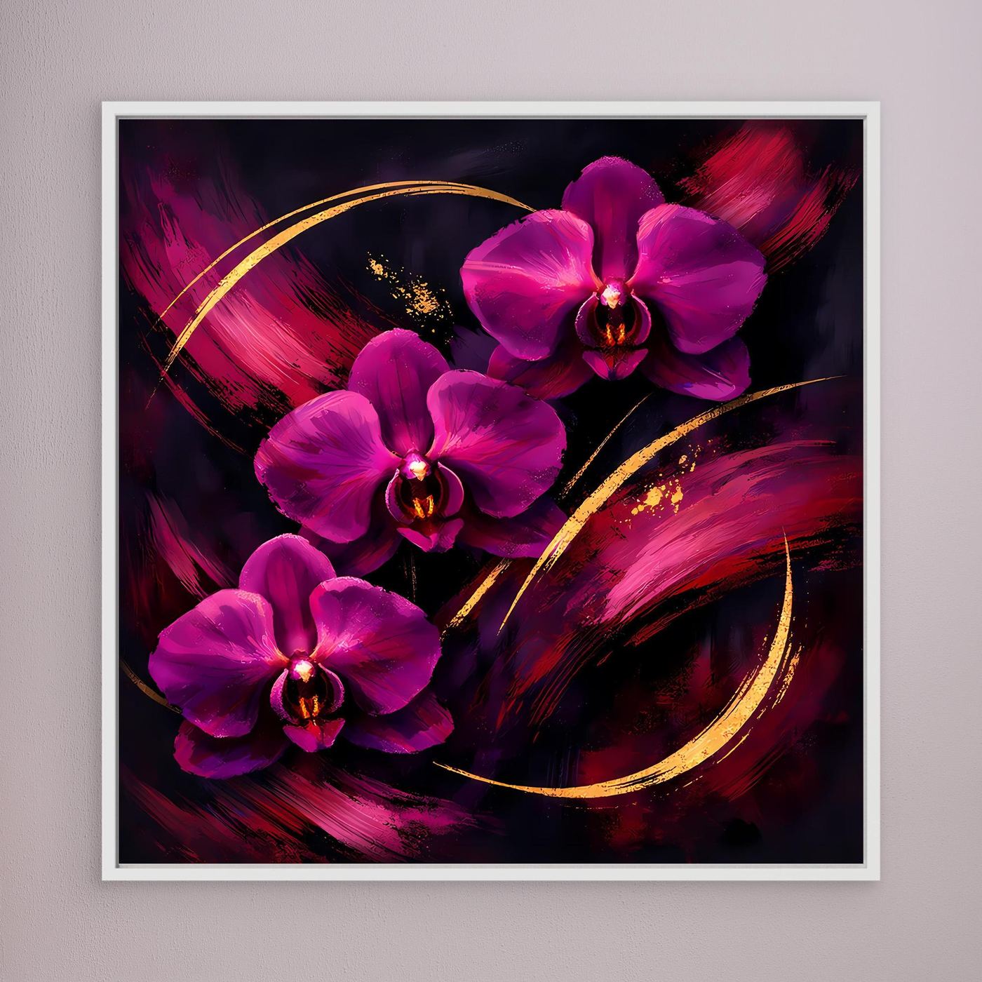 Leinwandbild mit magenta Orchideen und goldenen Bögen, abstrakte Farbflächen im weißen Rahmen