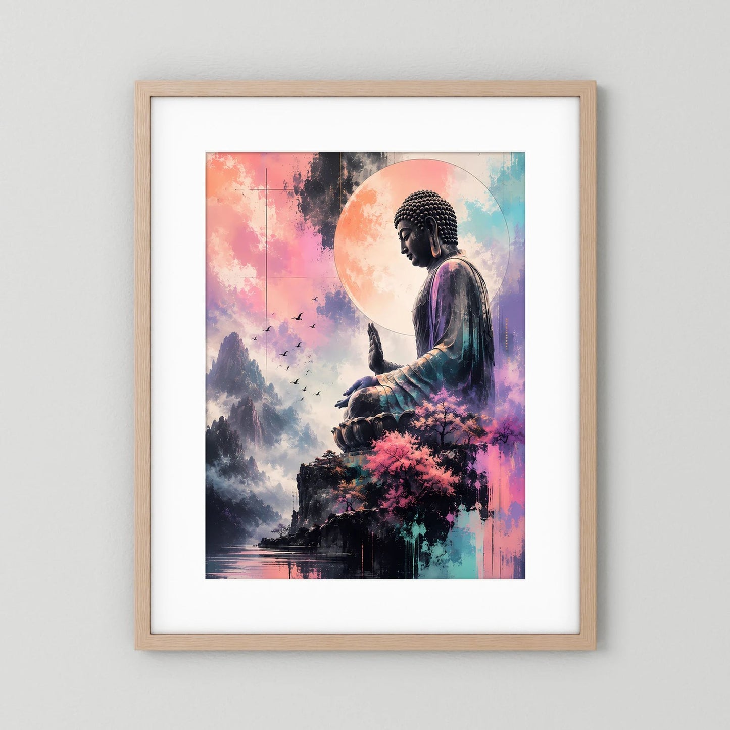 Hochformatiges Buddha-Poster mit meditierender Figur, Bergen und Kirschblüten, Holzrahmen