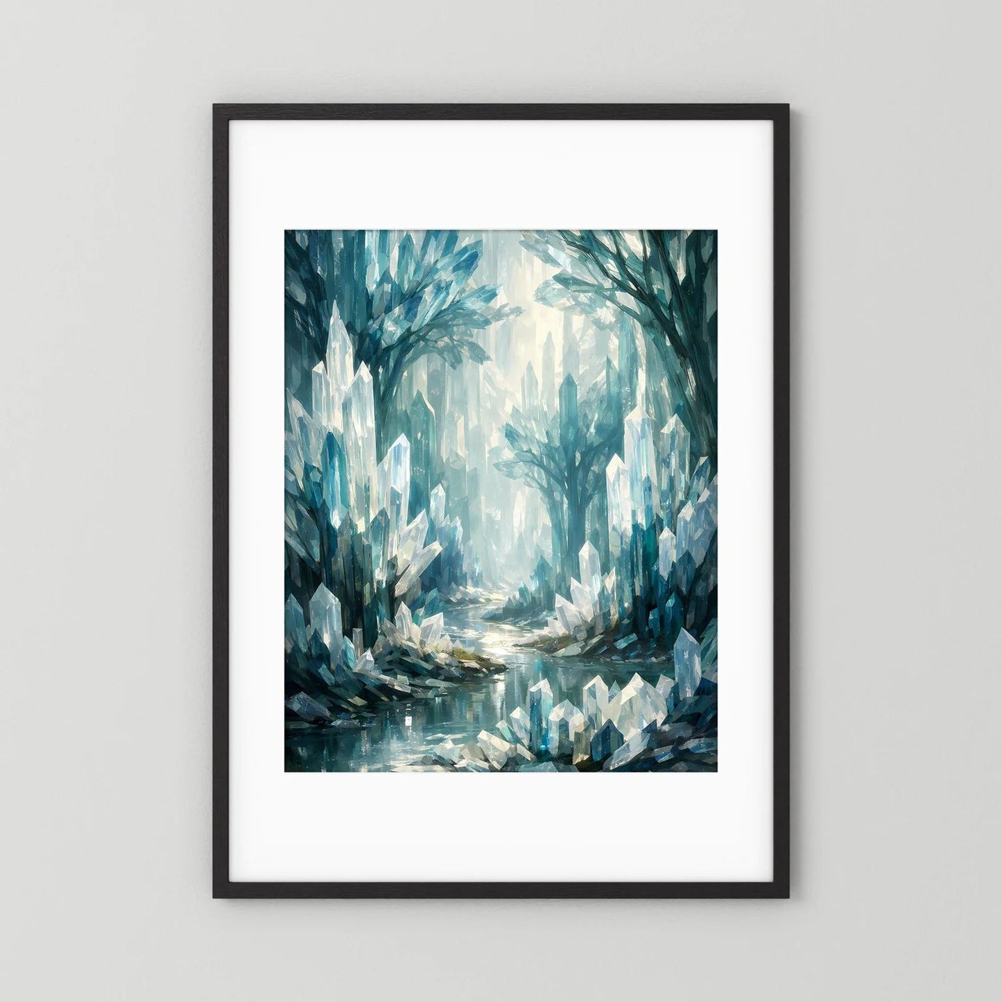 Poster mit weißem Passepartout und schwarzem Rahmen: blauer Kristallwald mit Wasser