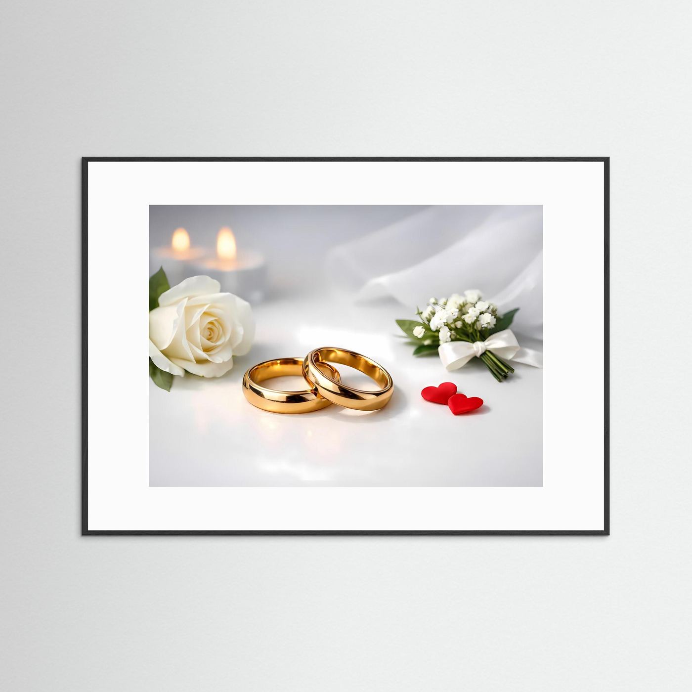 Gerahmtes Hochzeitsmotiv: goldene Eheringe mit weißer Rose, Kerze, Brautstrauß und roten Herzen, Querformat