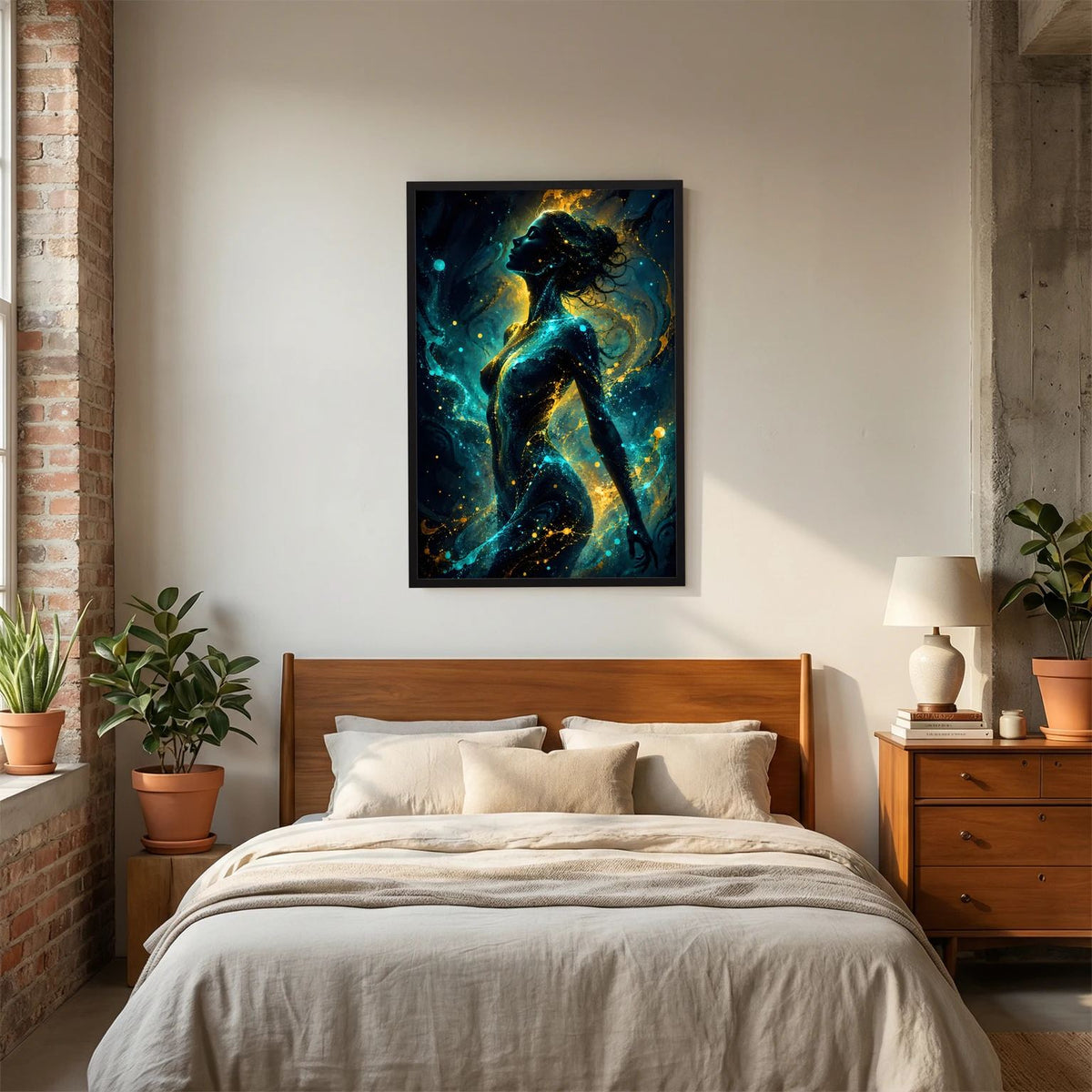 Wandbild mit schwarzem Rahmen, abstrakte Frauensilhouette in Türkis und Gold