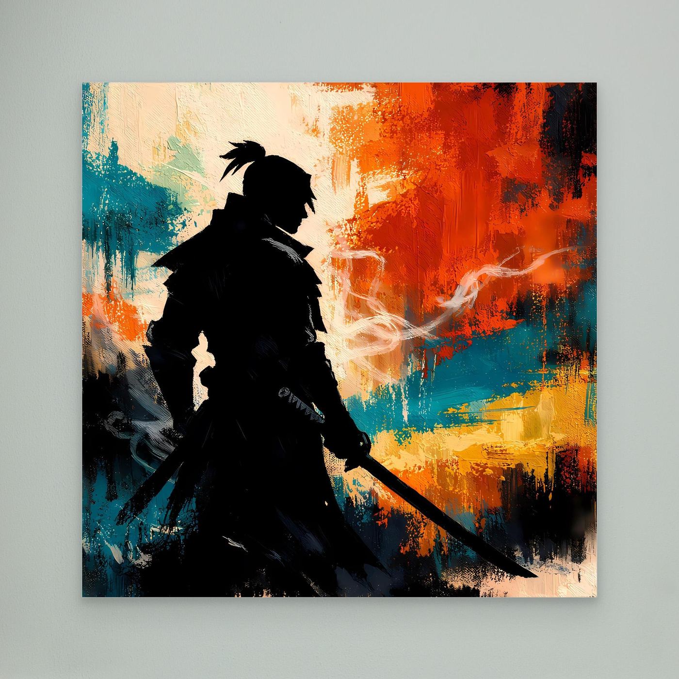 Samurai-Wandbild ohne Rahmen: schwarze Silhouette mit Schwert vor orange-blauer Farbfläche