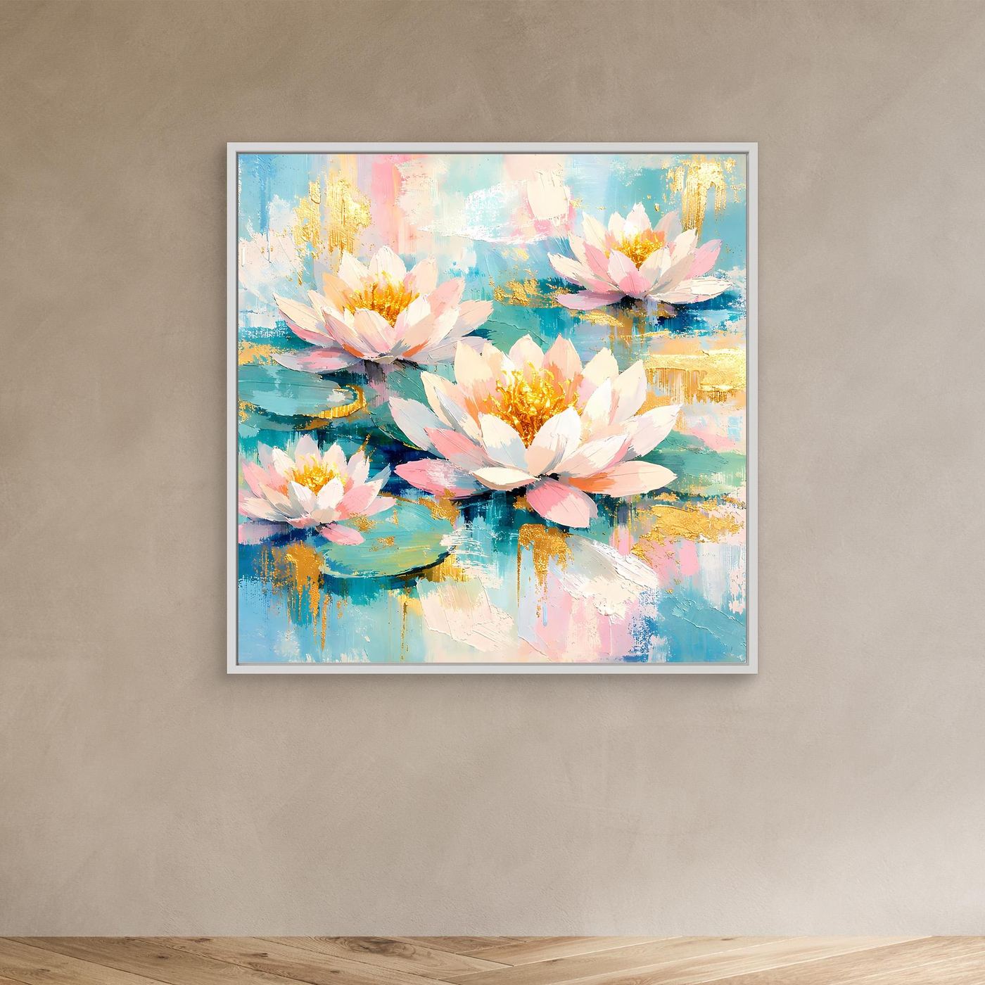 Leinwandbild Seerosen abstrakt mit weißem Rahmen, Blüten in Weiß, Rosa und Gelb