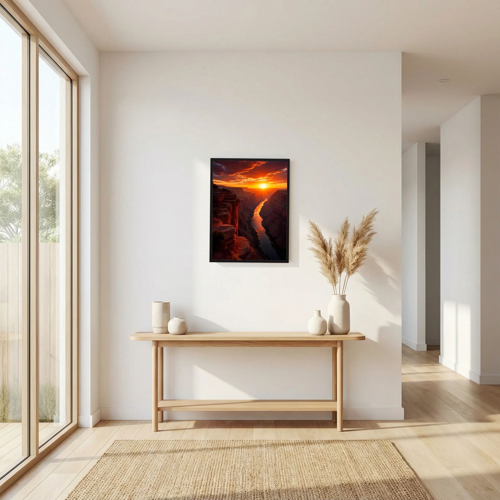Poster im schwarzen Rahmen über Konsole: Grand-Canyon-Motiv mit Abendsonne