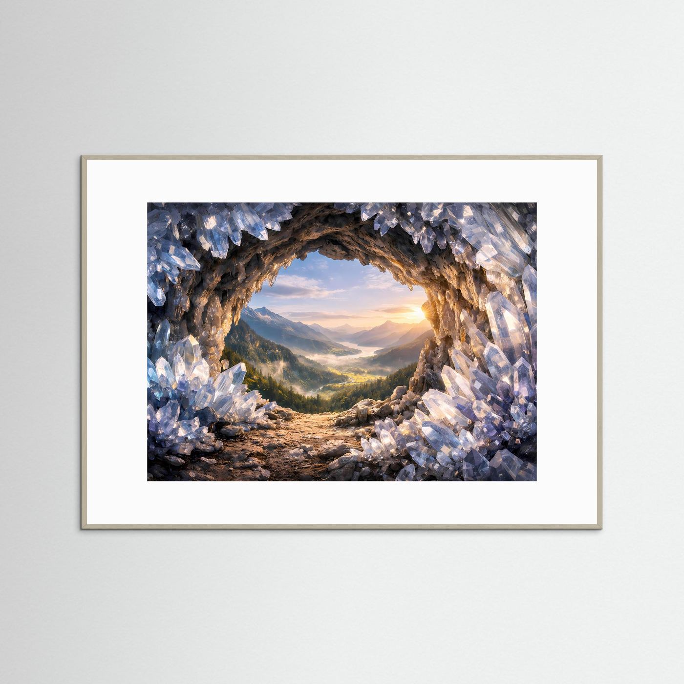 Fantasy-Panorama-Poster: Kristallhöhle mit Sonnenaufgangsblick, heller Rahmen