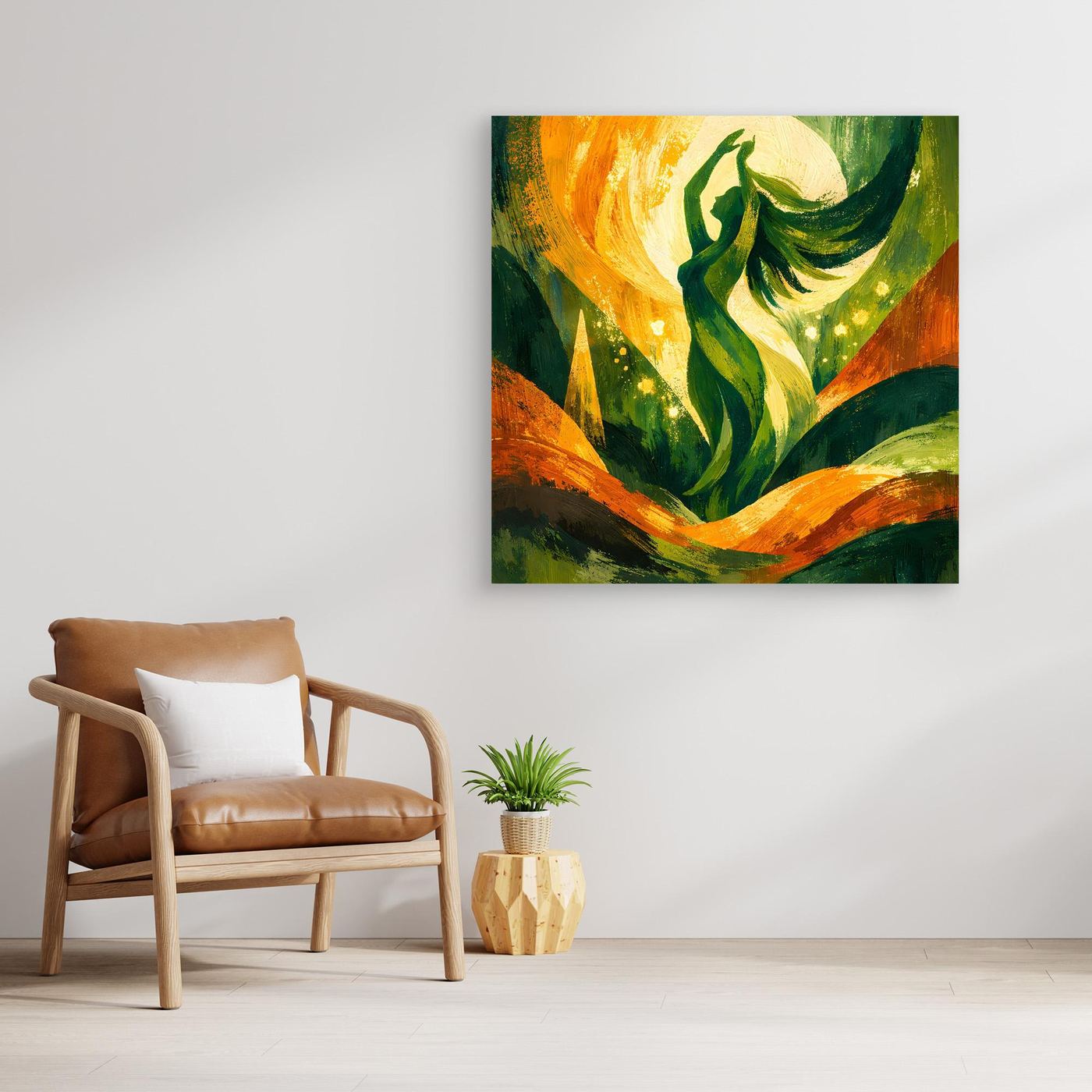 Leinwandbild mit grüner Frauendarstellung, orangegelbem Licht und dunklen Akzenten, mit Holzrahmen.
