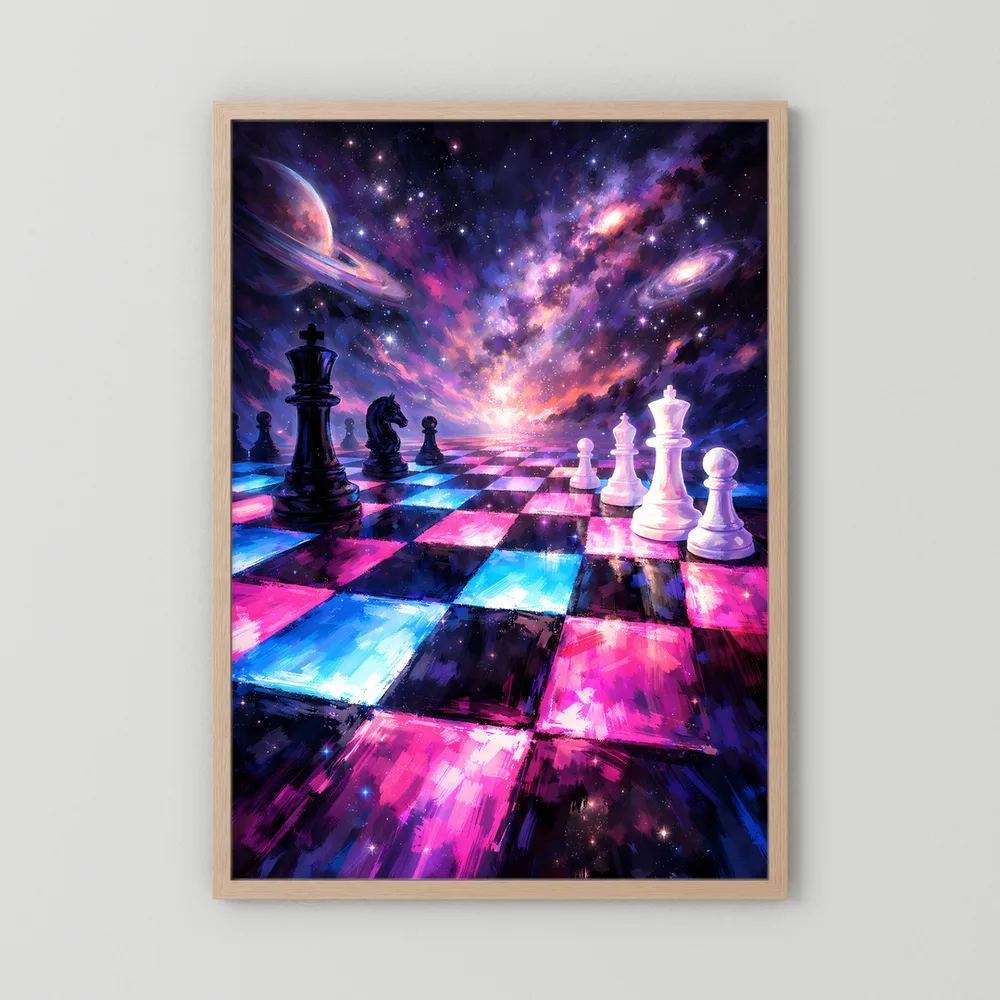 Schachposter im naturfarbenen Holzrahmen mit Galaxie-Schachbrett und Schachfiguren