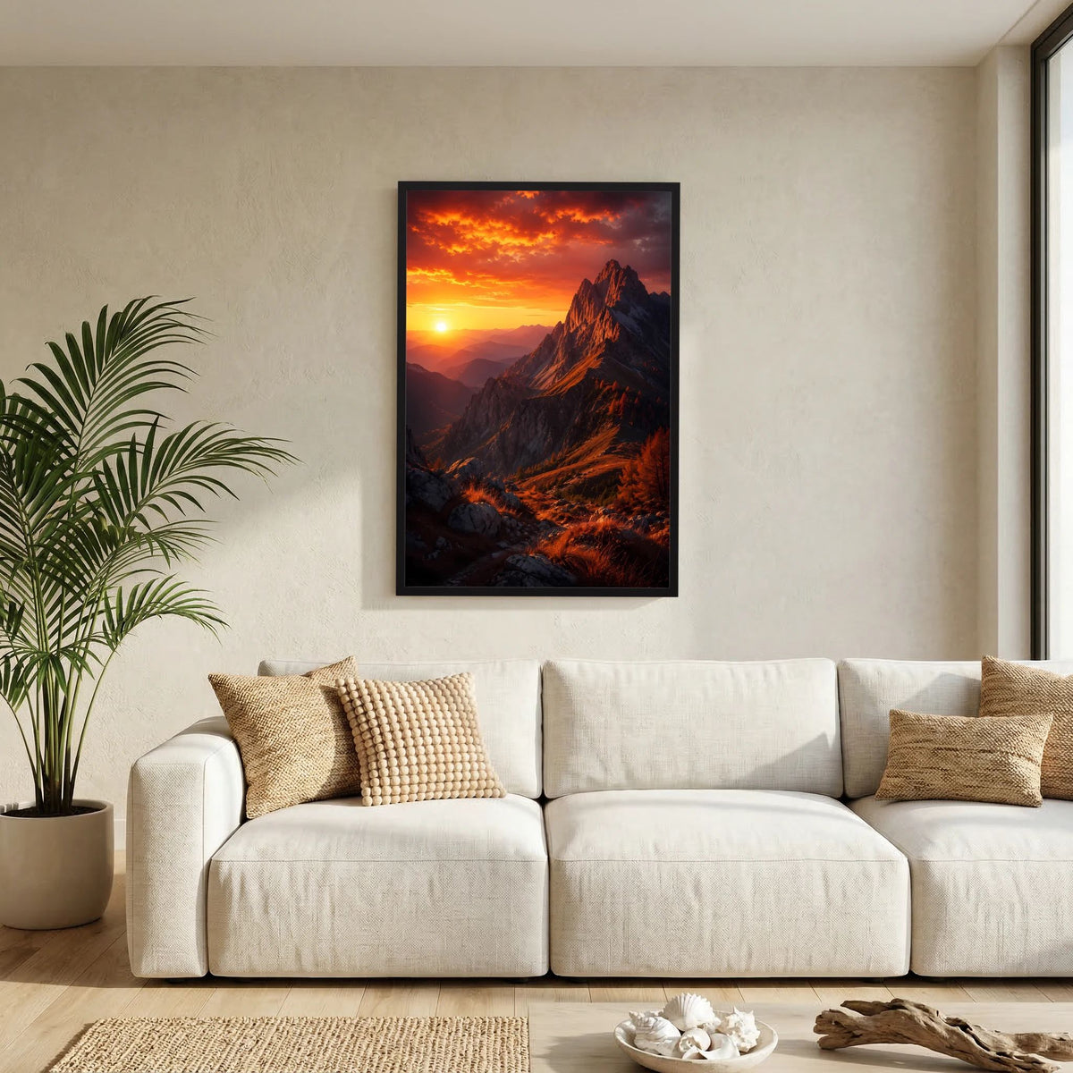 Poster im Hochformat mit Sonnenuntergang über Bergkamm, orange Reflexe, schwarzer Rahmen