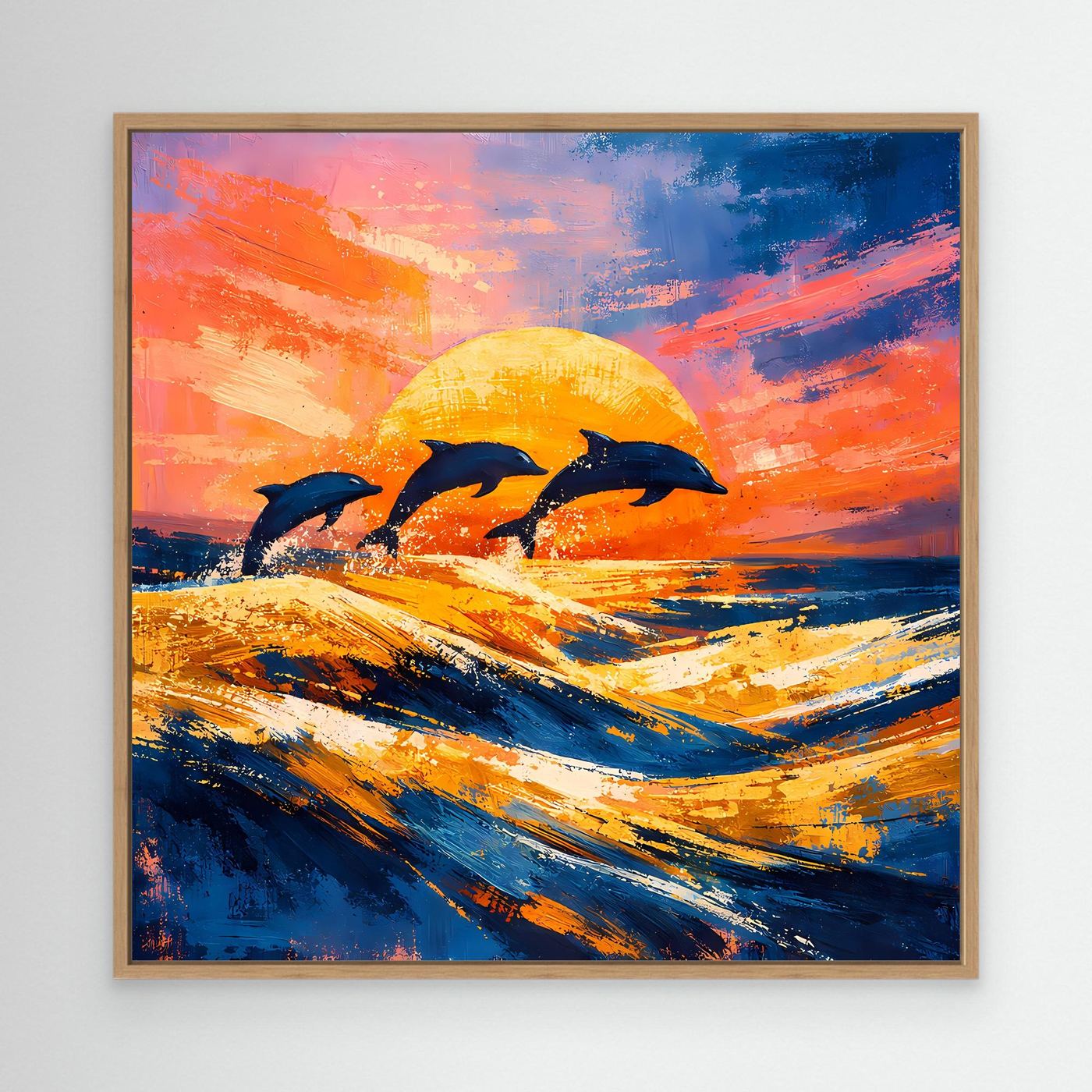 Leinwand Springende Delphine im Sonnenuntergang | Abstraktes Ozean & Meer Wandbild