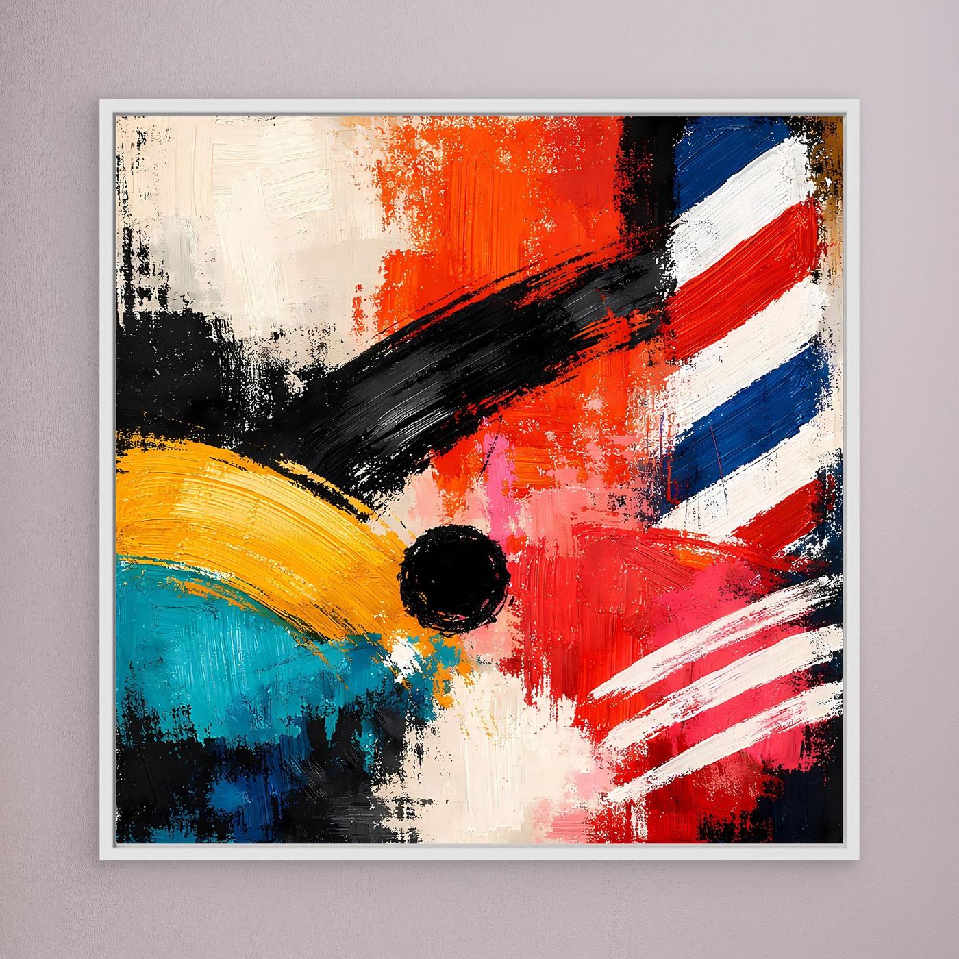 Abstract geometric wall art canvas with orange, red, blue, black, white stripes and swirls