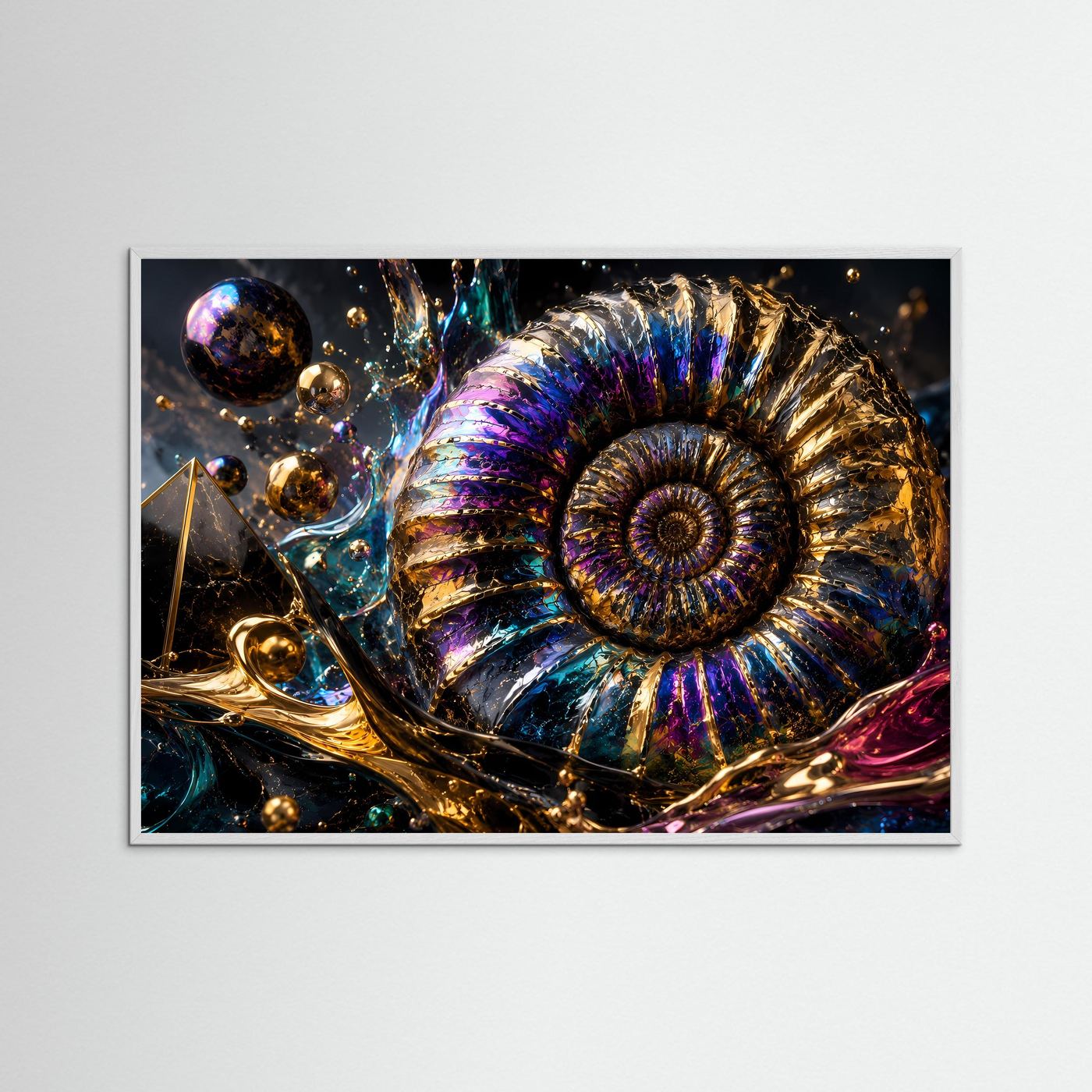 Ammonit Fossil Wandbild | Luxuriöse Geoden Kunst | Abstrakte Gold Blau Lila Wanddekoration | Moderne Premium Leinwand | Geometrische Naturkunst