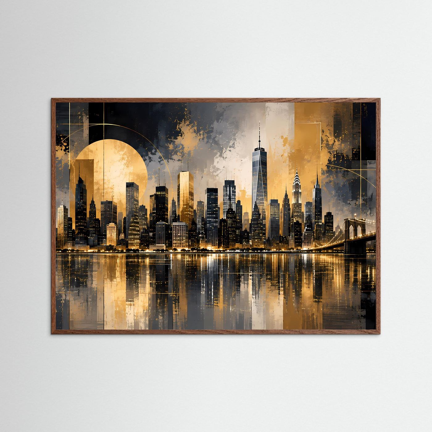 Poster im Querformat mit New-York-Skyline, schwarz-gold, im dunkelbraunen Holzrahmen