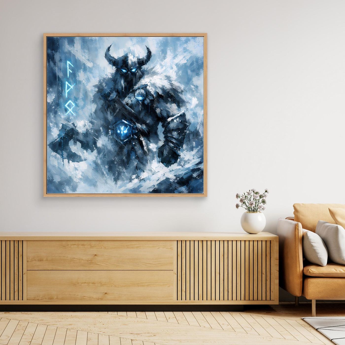 Wandbild mit blauem Wikinger-Krieger im Schneesturm in goldfarbenem Holzrahmen