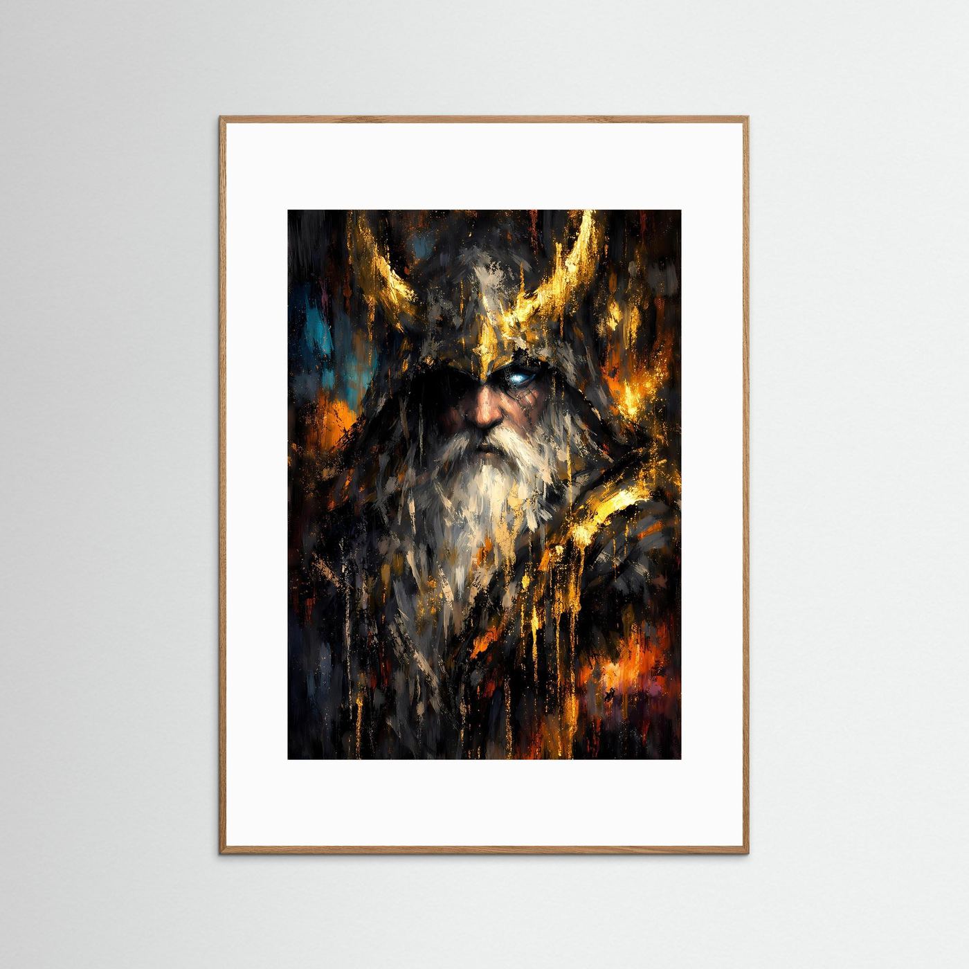 Wikinger-Poster mit Odin, goldenen Flammen und Schatten, dunkel, Holzrahmen