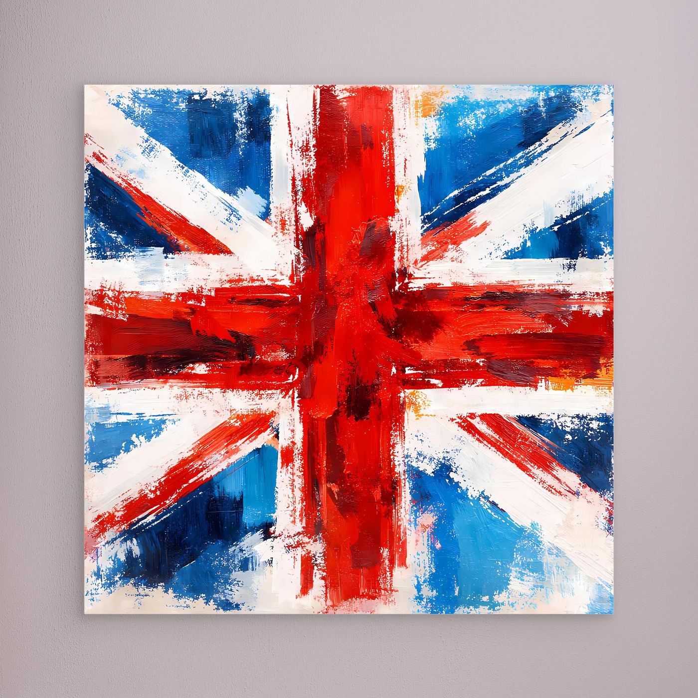 Abstract Union Jack canvas wall art without frame, red cross over blue and white paint