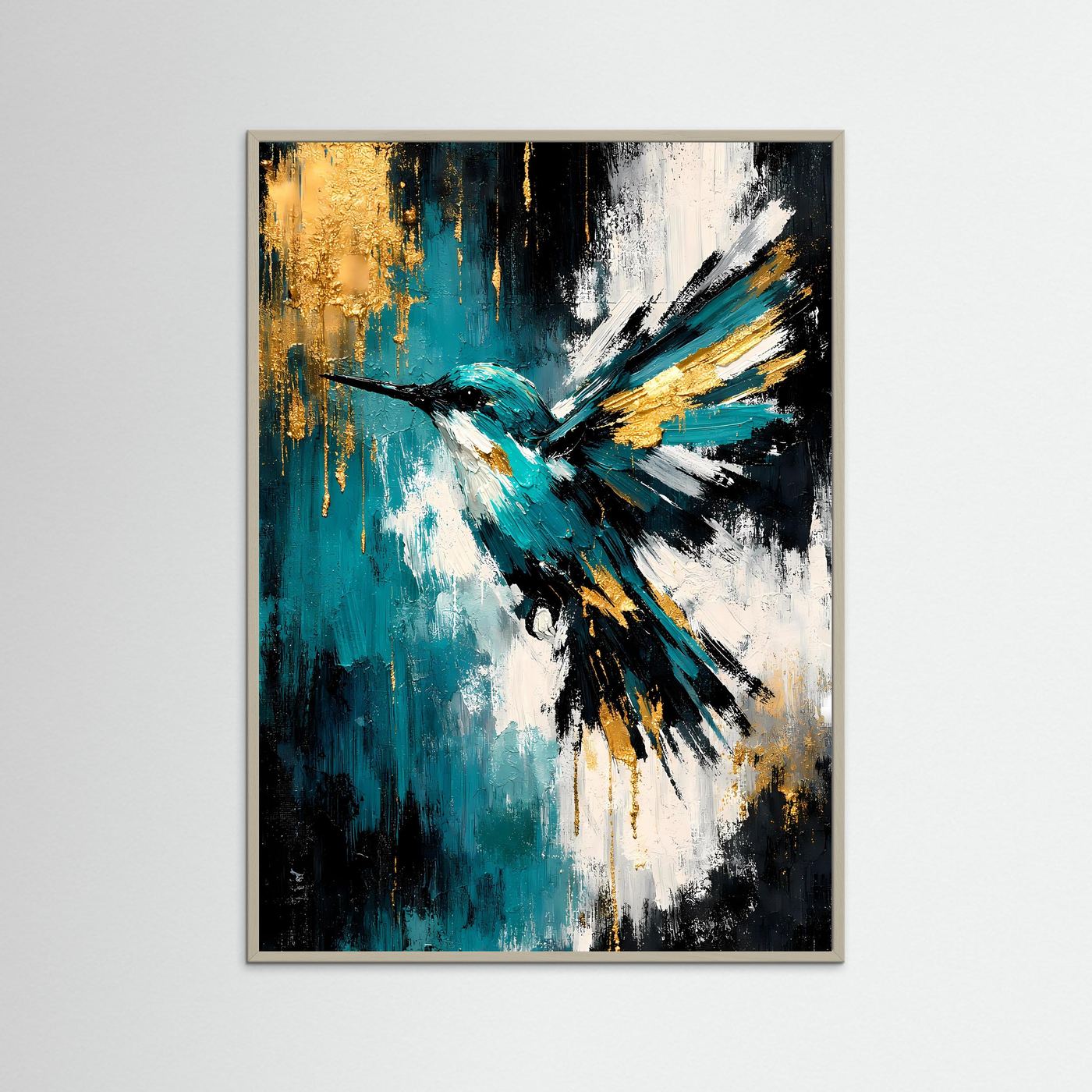 Gerahmtes Kunstposter mit Eisvogel-Kolibri-Motiv in Türkis, Schwarz und Gold, Holzrahmen