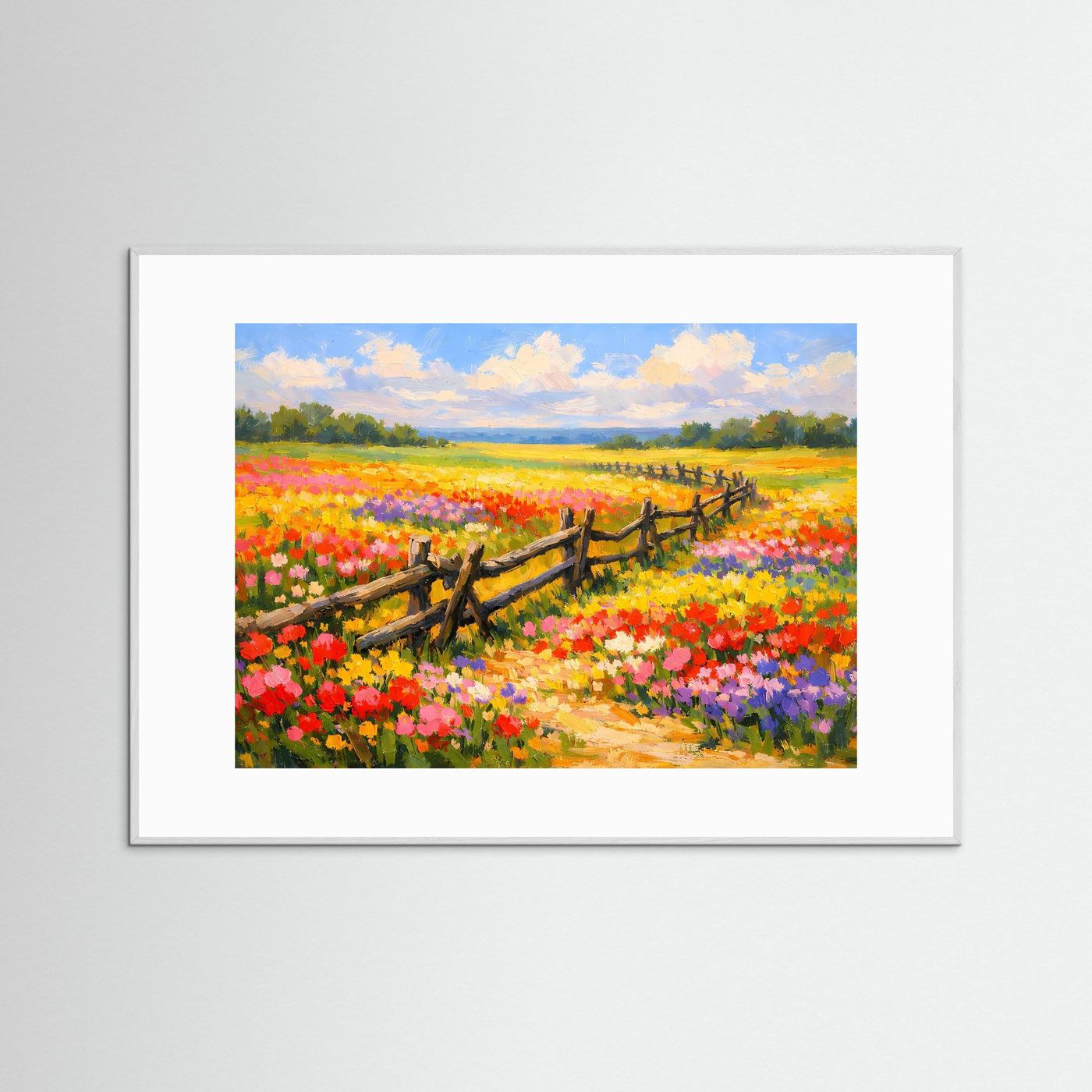 Poster Blühende Sommerwiese mit Holzzaun | Majestätisches Farbenfrohes Wandbild