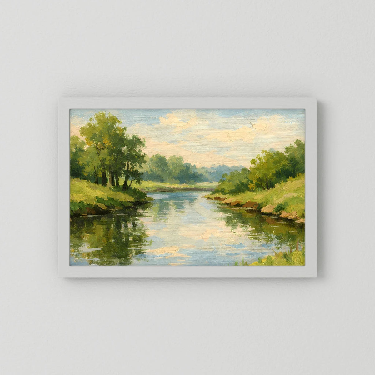 Querformatiges Landschaftsbild mit Fluss und Bäumen, weißer Rahmen