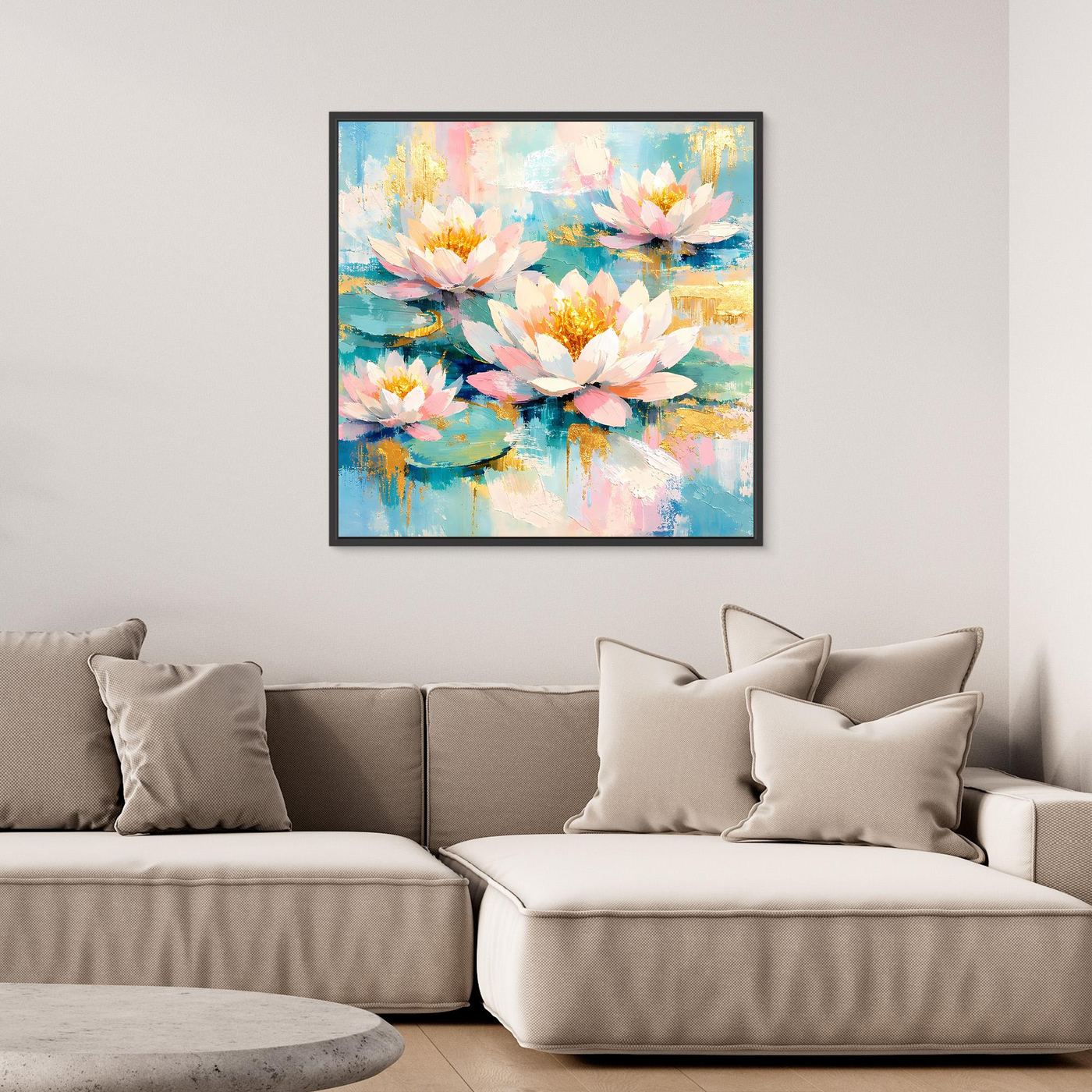 Leinwandbild mit abstrakten Seerosenblüten (Rosa, Gelb, Blau) mit schwarzem Rahmen