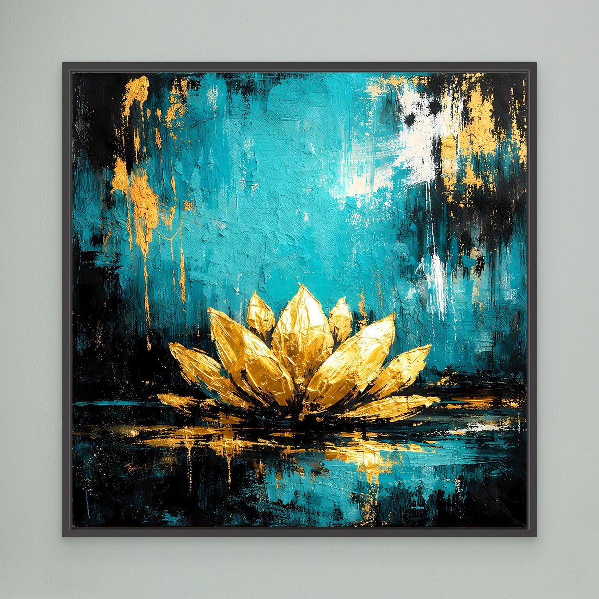 Leinwand-Wandbild mit abstrakter Lotusblüte in Türkis und Gold, schwarz gerahmt